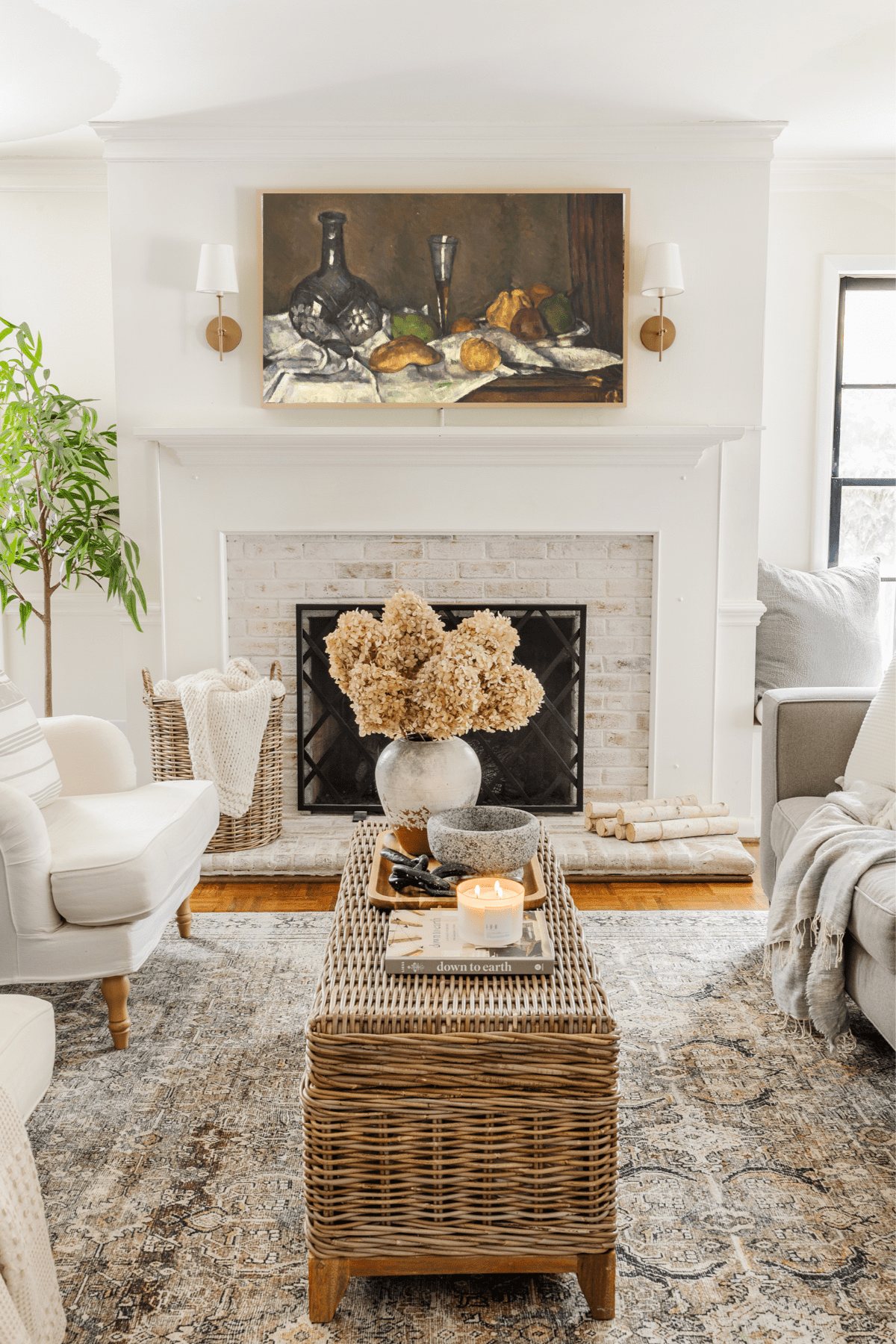 Samsung Frame TV in living room with still life art