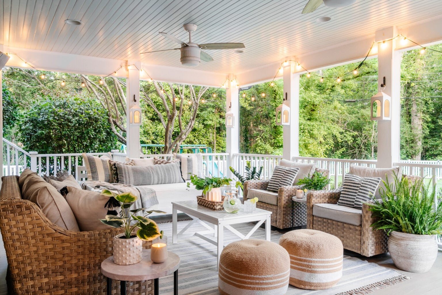 back porch with haint blue ceiling and outdoor conversation set