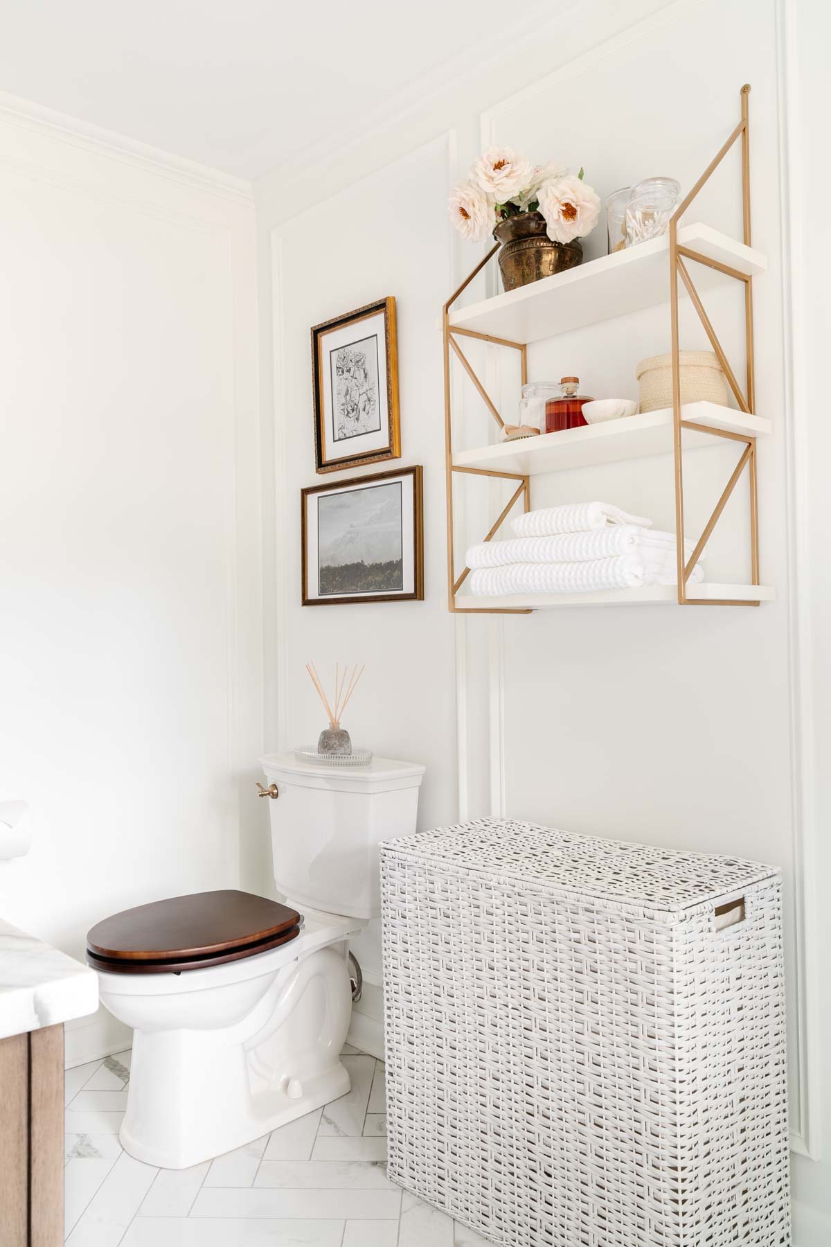 small bathroom with wall mounted shelves