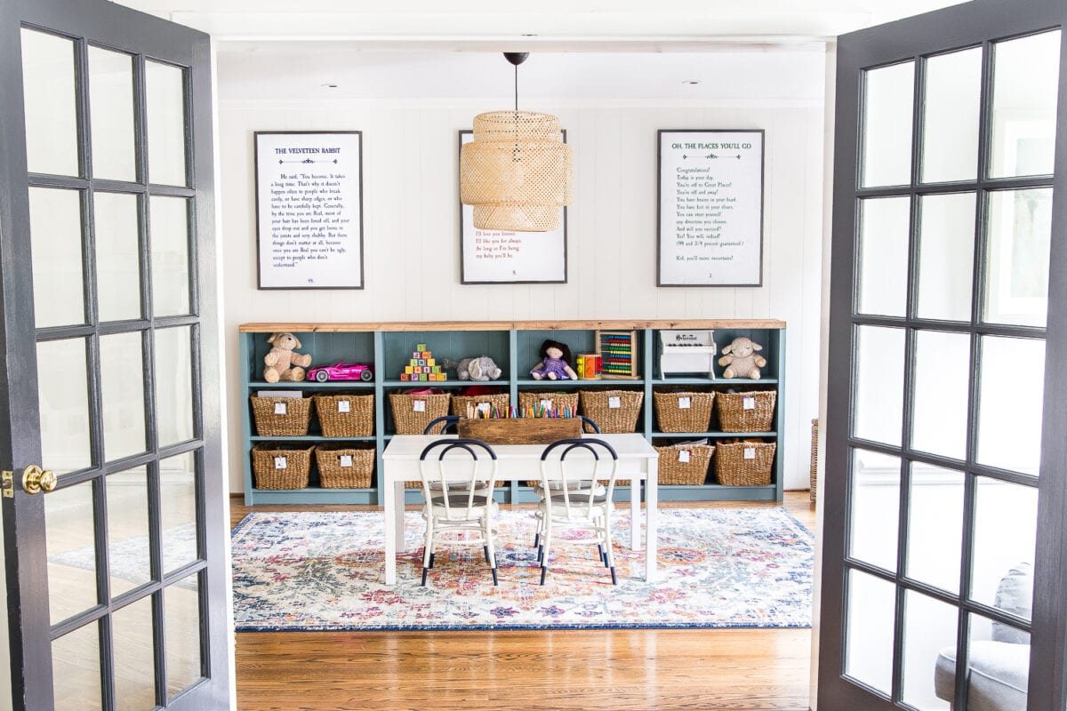 A dated, unorganized playroom gets a bright and whimsical makeover with organizational strategies, ideas for adding function, and DIY-able projects to create the perfect kid's space on a budget. #kidsroom #playroom #kidsdecor #toyorganizing
