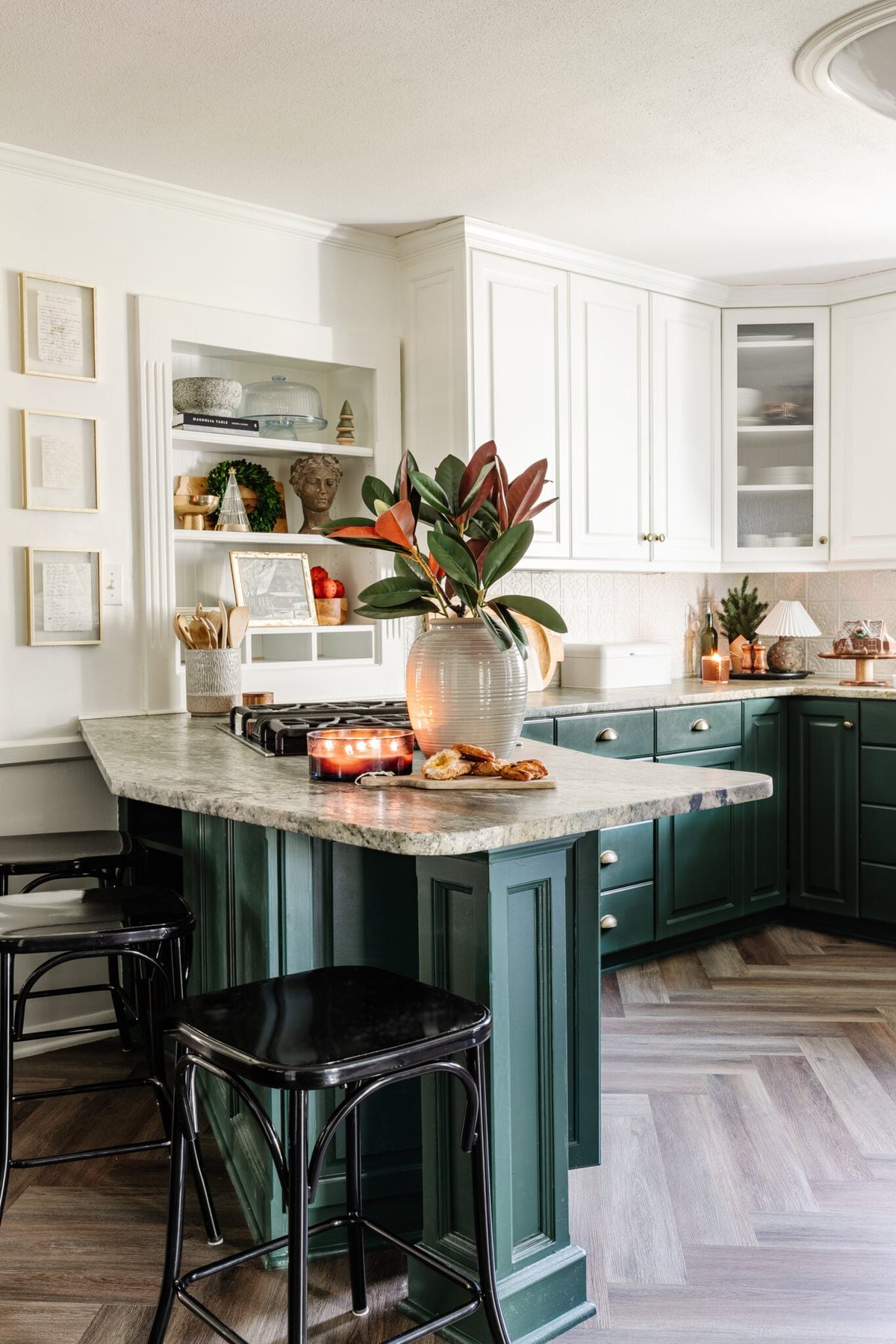 Christmas kitchen decor on countertop and shelves