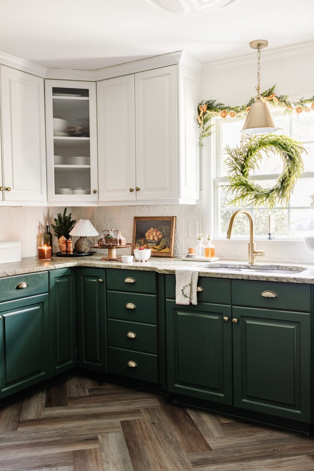 Christmas kitchen decor on sink window and countertops