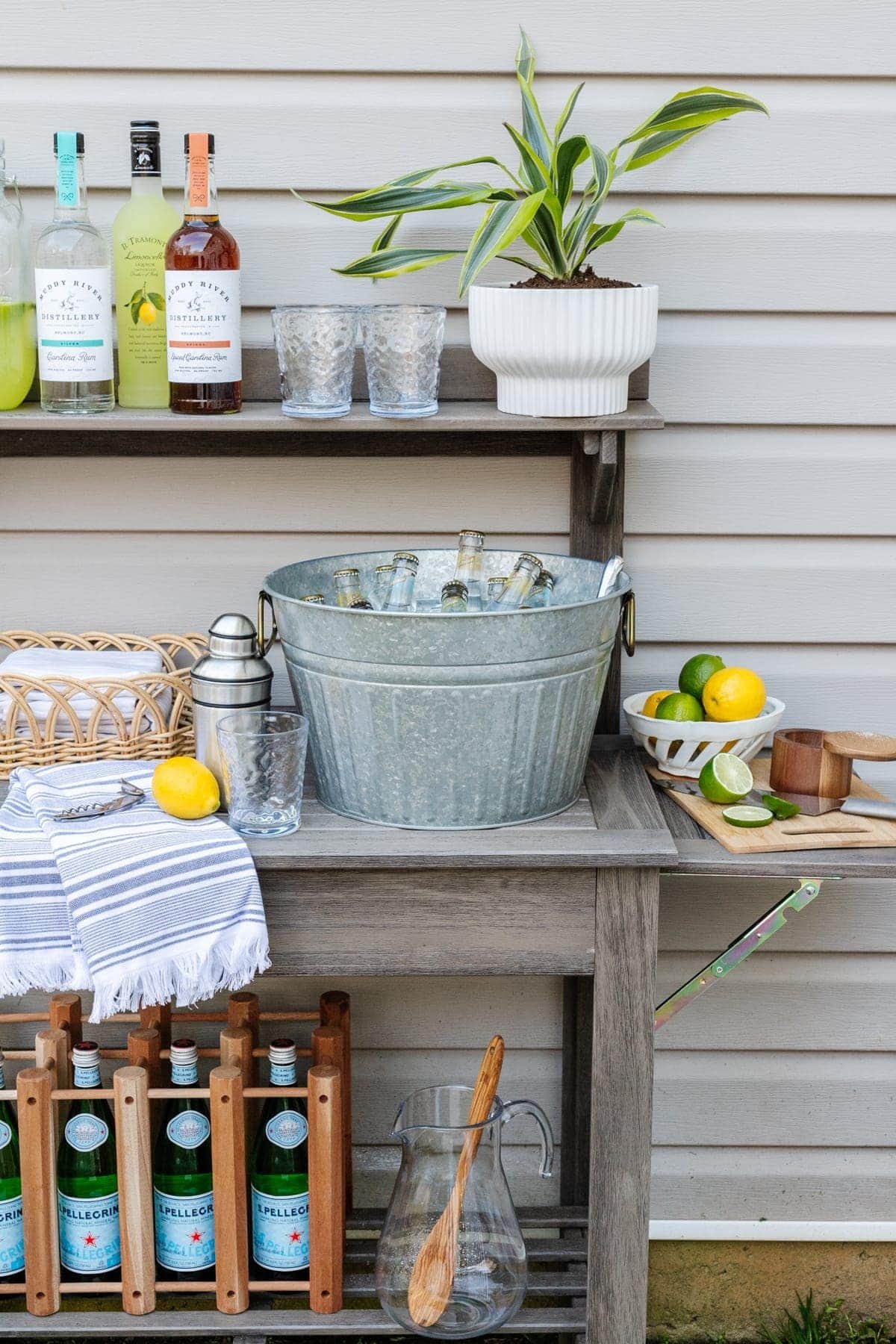 potting bench used as an outdoor bar