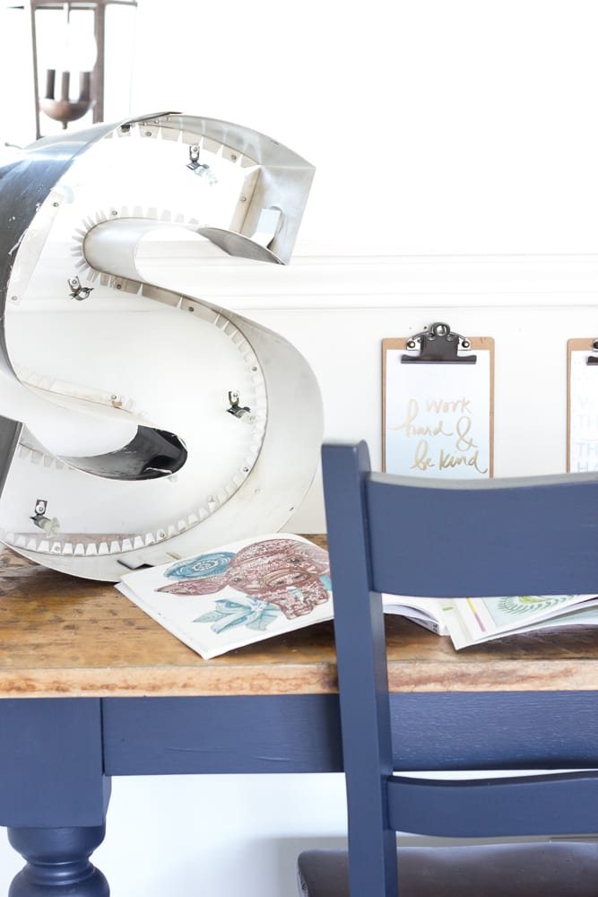 Repurposed Kitchen Table Turned Desks | unigumushane.com - How to use a repurposed kitchen table to cut in half and make wall-mounted desks for a playroom makeover with Fusion Mineral Paint Midnight Blue.