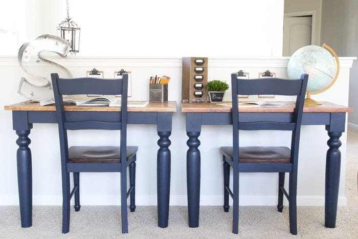 Repurposed Kitchen Table Turned Desks | unigumushane.com - How to use a repurposed kitchen table to cut in half and make wall-mounted desks for a playroom makeover with Fusion Mineral Paint Midnight Blue.