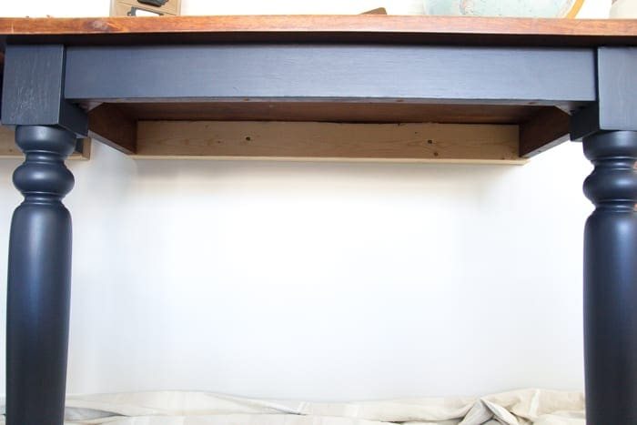 Repurposed Kitchen Table Turned Desks | unigumushane.com - How to use a repurposed kitchen table to cut in half and make wall-mounted desks for a playroom makeover with Fusion Mineral Paint Midnight Blue.