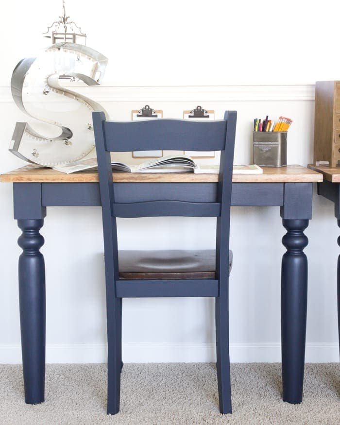 Repurposed Kitchen Table Turned Desks | unigumushane.com - How to use a repurposed kitchen table to cut in half and make wall-mounted desks for a playroom makeover with Fusion Mineral Paint Midnight Blue.