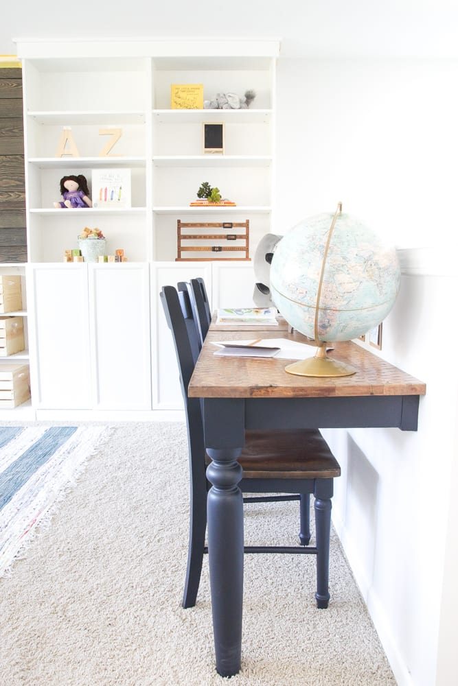 Repurposed Kitchen Table Turned Desks | unigumushane.com - How to use a repurposed kitchen table to cut in half and make wall-mounted desks for a playroom makeover with Fusion Mineral Paint Midnight Blue.