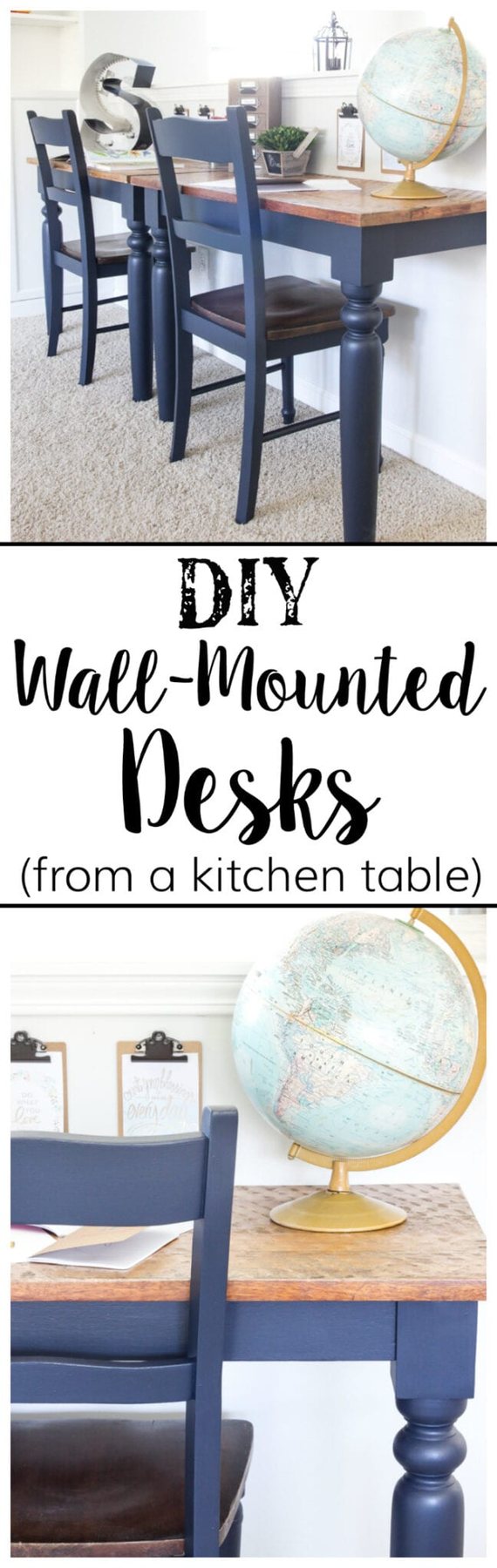 Repurposed Kitchen Table Turned Desks | unigumushane.com - How to use a repurposed kitchen table to cut in half and make wall-mounted desks for a playroom makeover with Fusion Mineral Paint Midnight Blue.