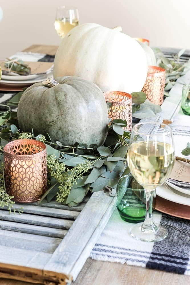 Green and Copper Thanksgiving Tablescape + Printable | unigumushane.com - How to style a Thanksgiving tablescape using dollar store finds and repurposing typical items around the house for inexpensive holiday decor.