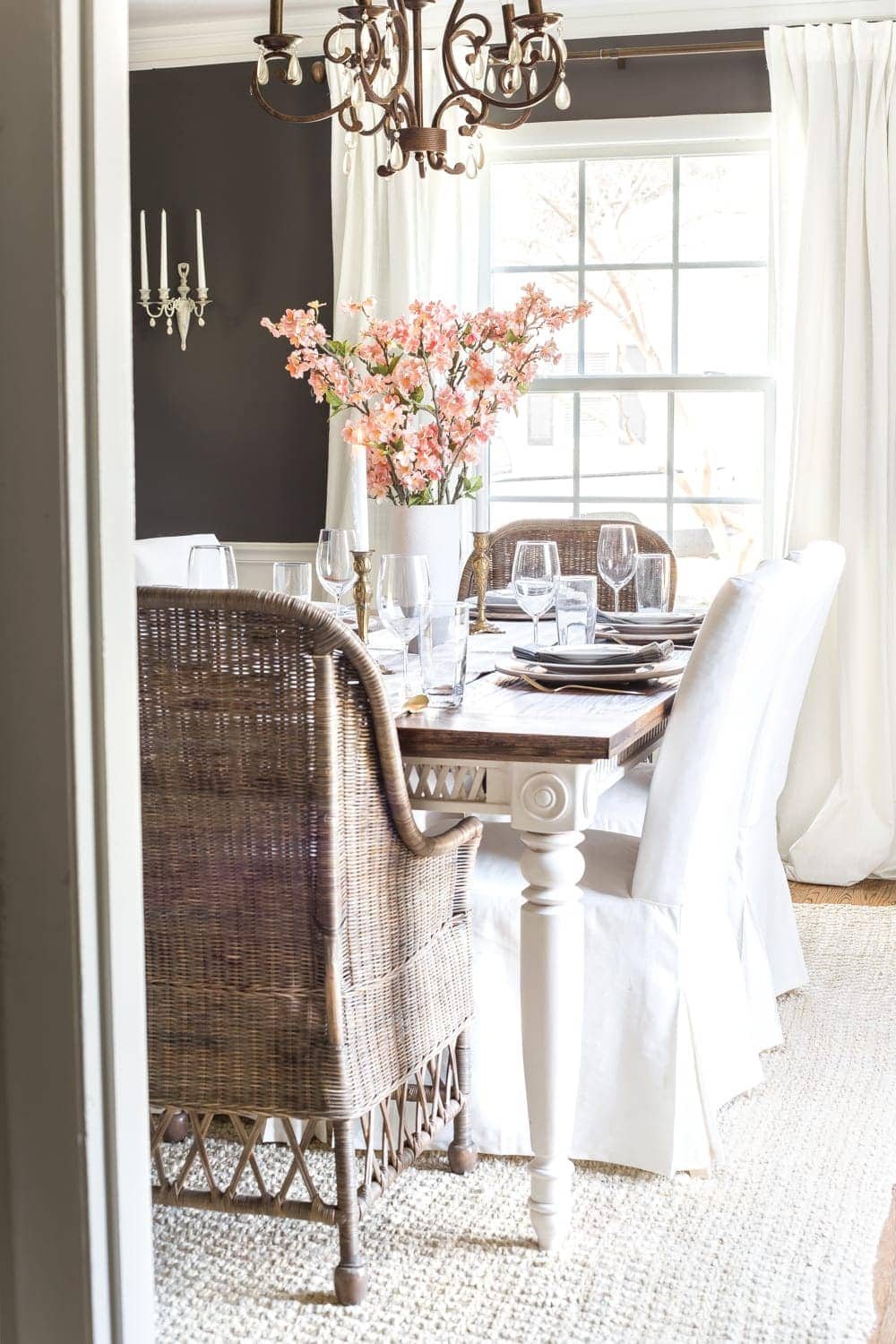 Simple Spring Home Tour | Faux cherry blossoms as a simple dining table centerpiece