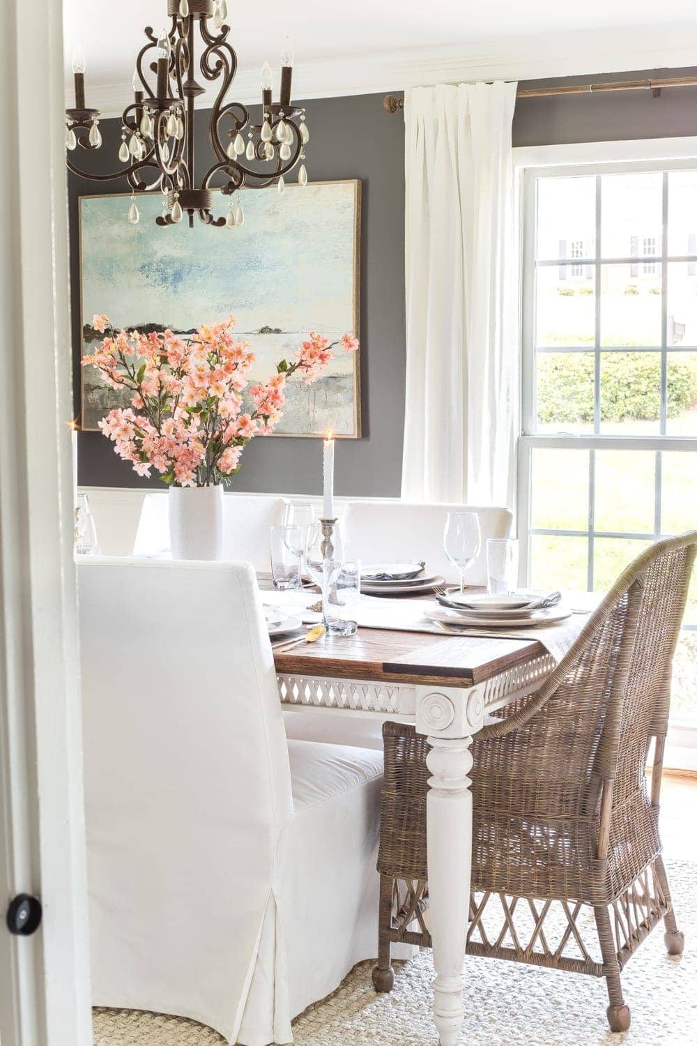 Simple Spring Home Tour | Faux cherry blossoms as a simple dining table centerpiece