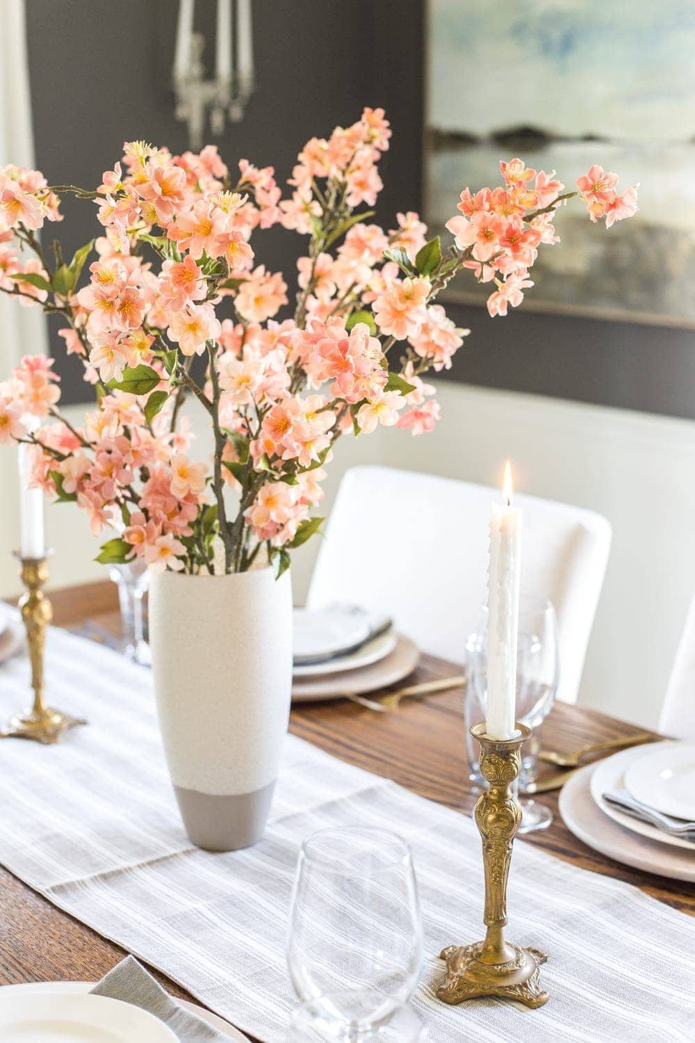 Simple Spring Home Tour | Faux cherry blossoms as a simple dining table centerpiece