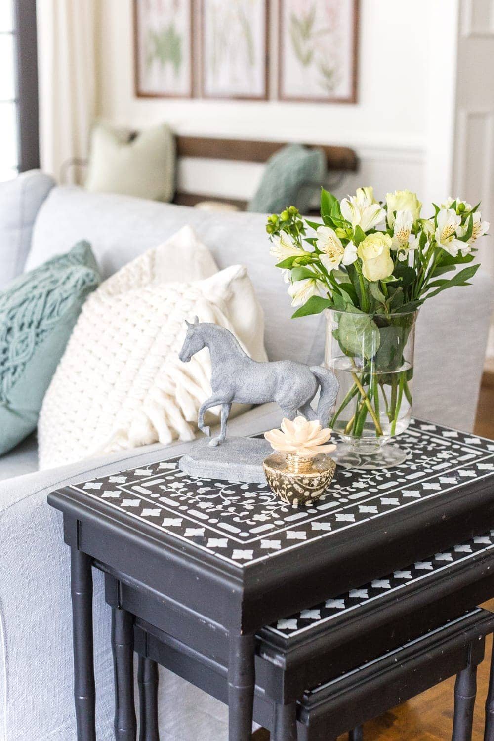 Simple Spring Home Tour | Neutral living room with artificial florals and small spring touches.