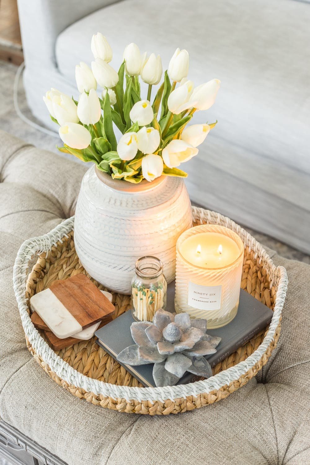 Simple Spring Home Tour | Spring coffee table decor with artificial white tulips