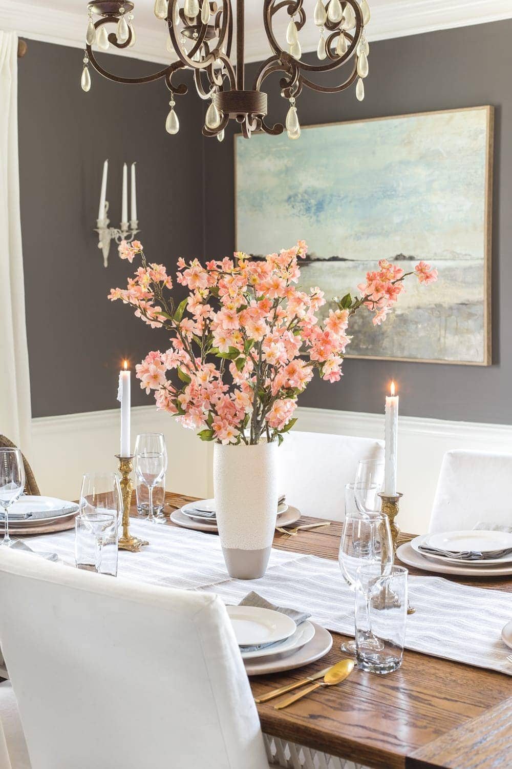 Simple Spring Home Tour | Faux cherry blossoms as a simple dining table centerpiece