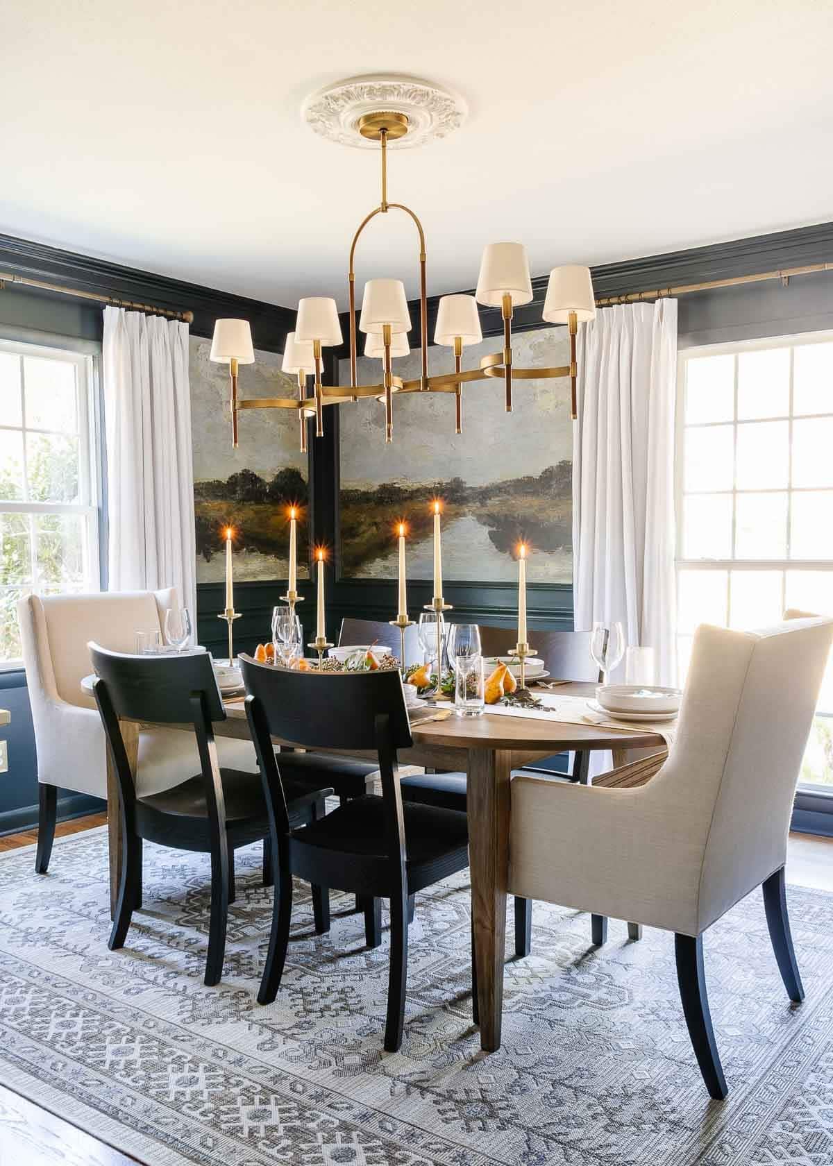 navy dining room with antique scenic murals