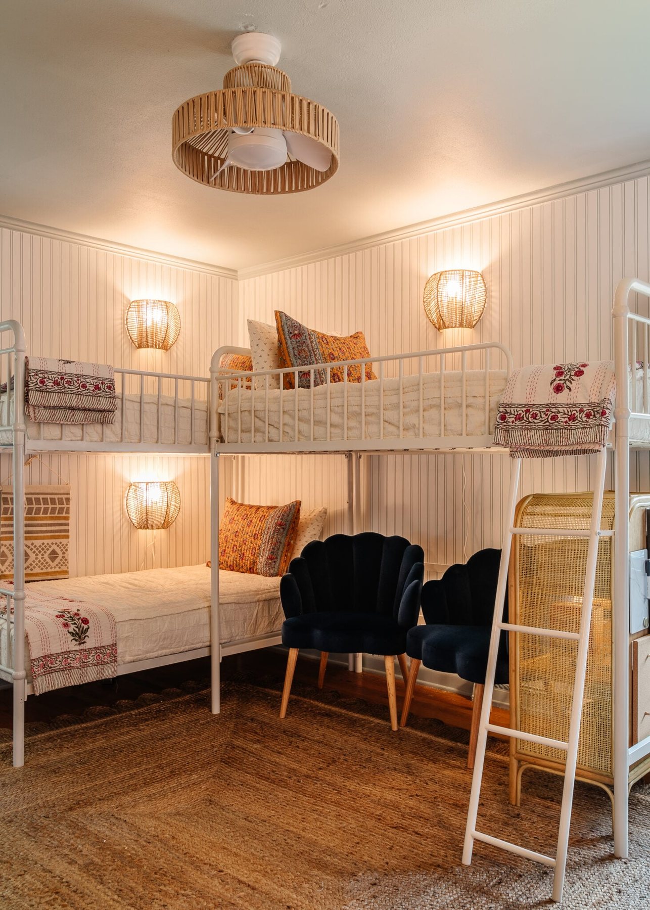 IKEA wall lamps beside bunk beds to use as bedside lights