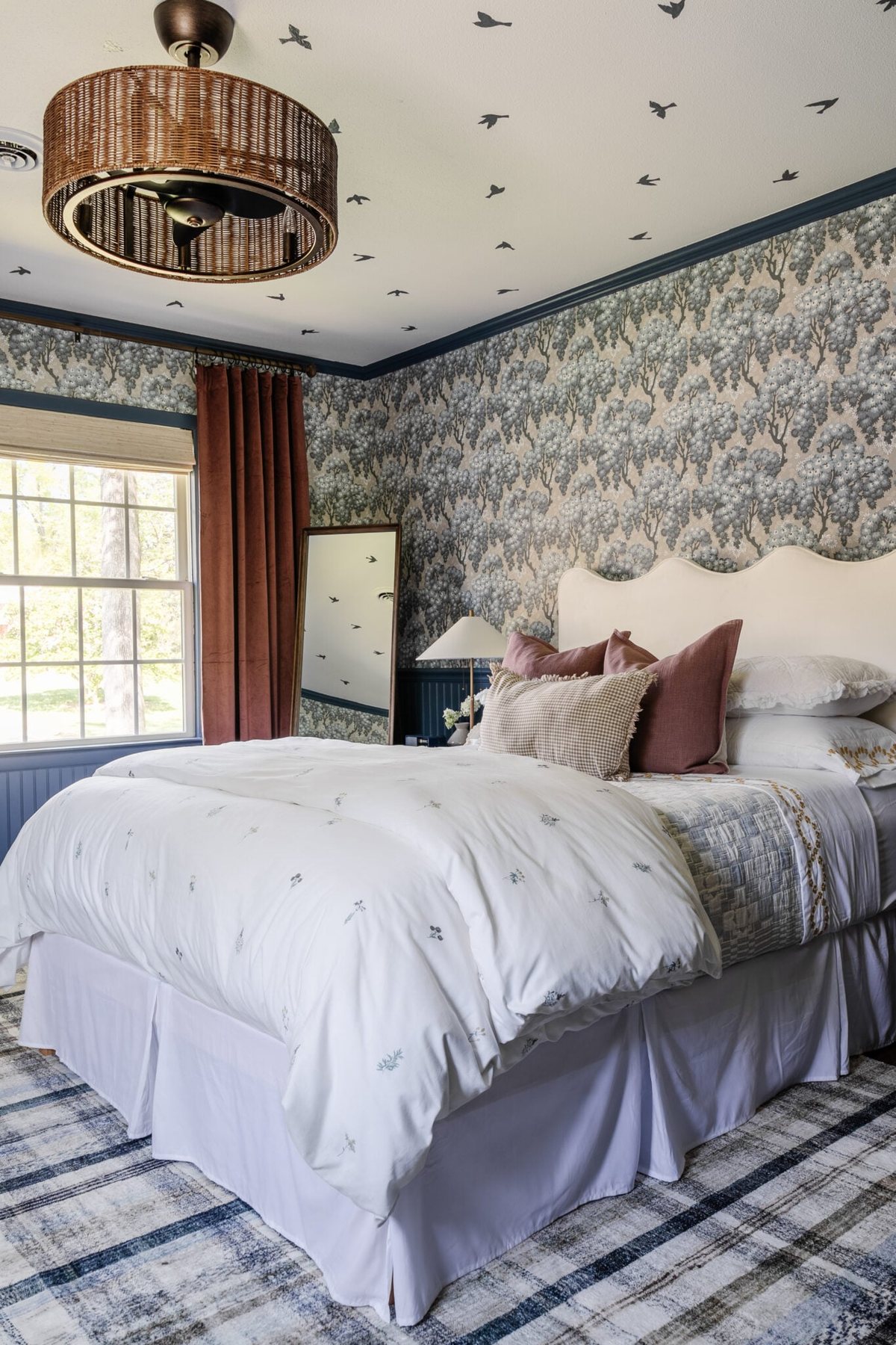 Swedish cottage teen bedroom with Sandberg wallpaper, Chris Loves Julia Humphrey rug, and scalloped Serena and Lily headboard dupe