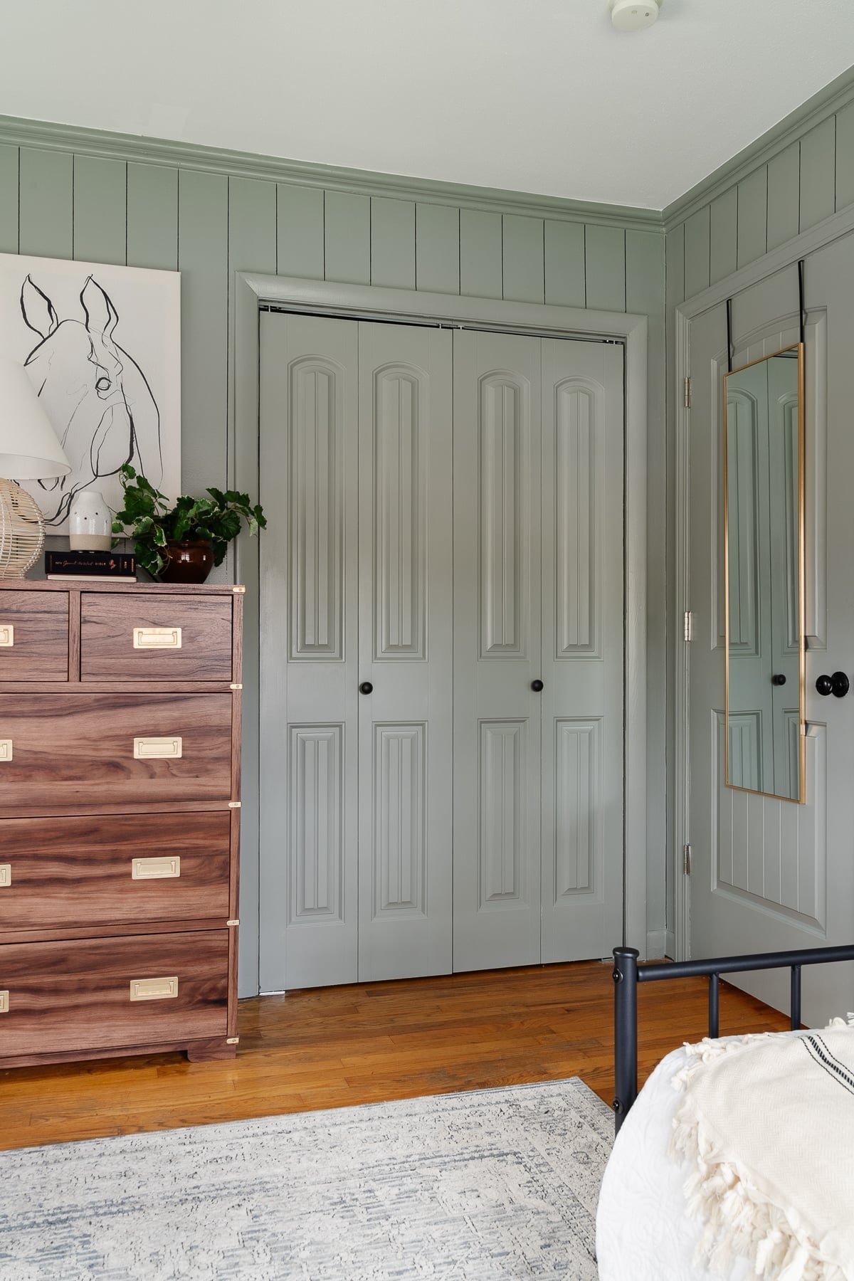 doors in a bedroom painted Sherwin Williams Evergreen Fog with full mirror hanging on the back