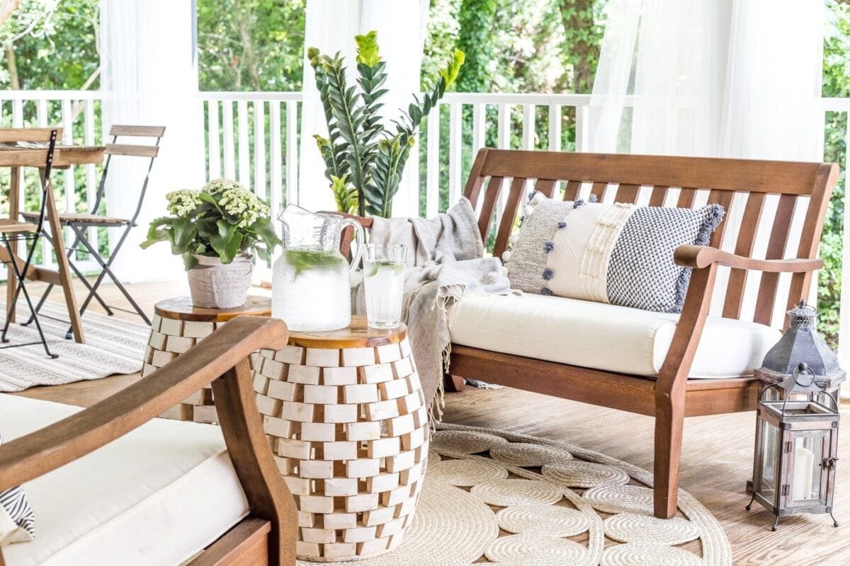 outdoor bench conversation set on back porch