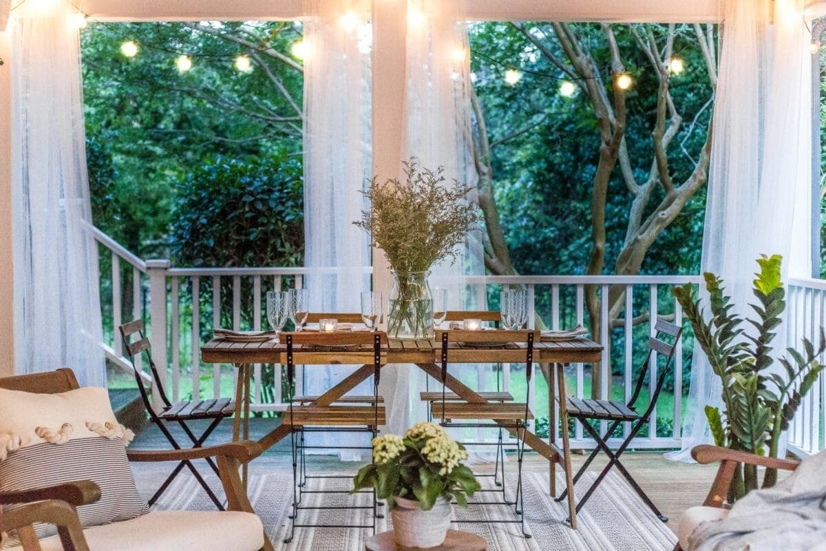 back porch with string lights in summer