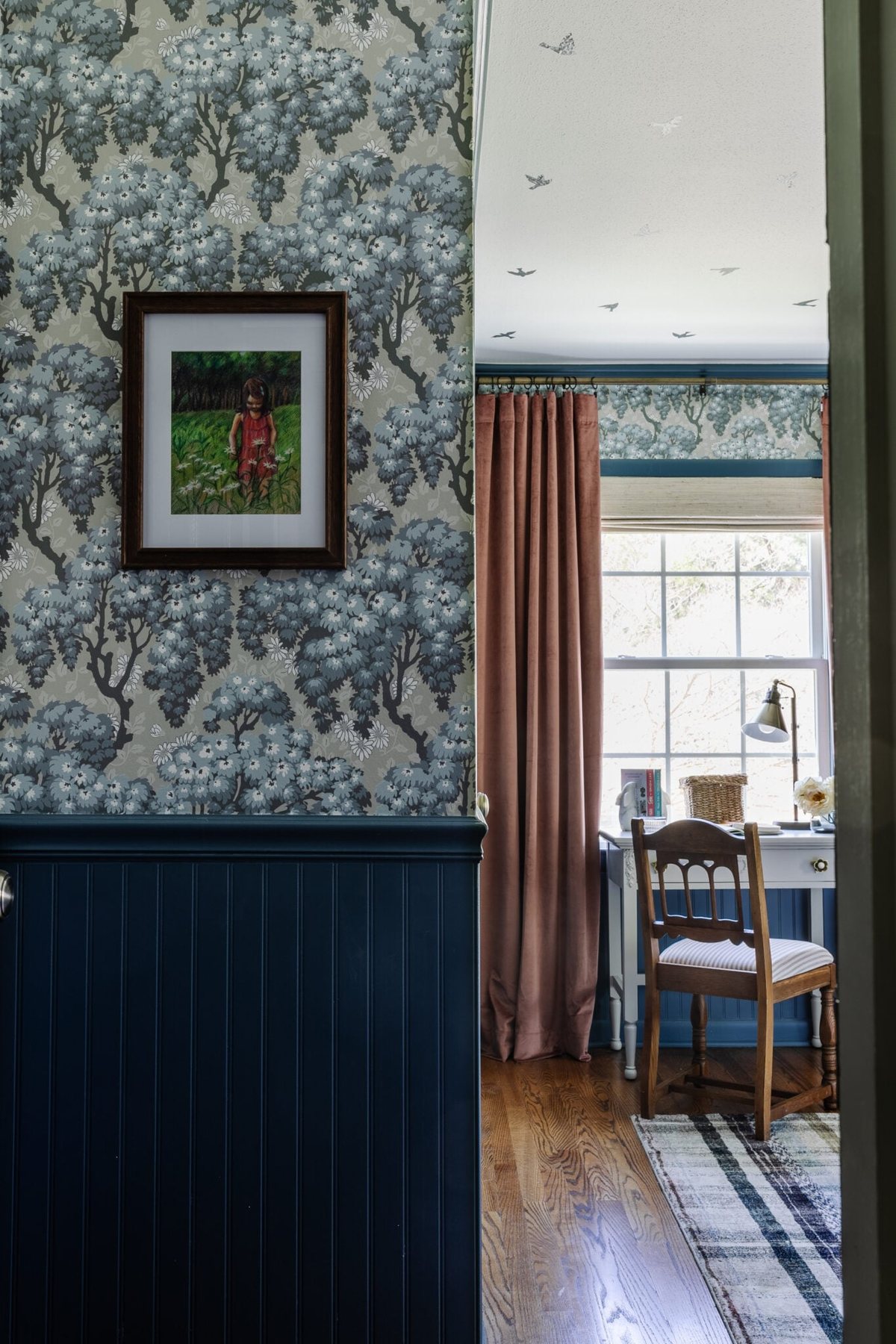custom art on swedish cottage wallpaper with bedroom desk