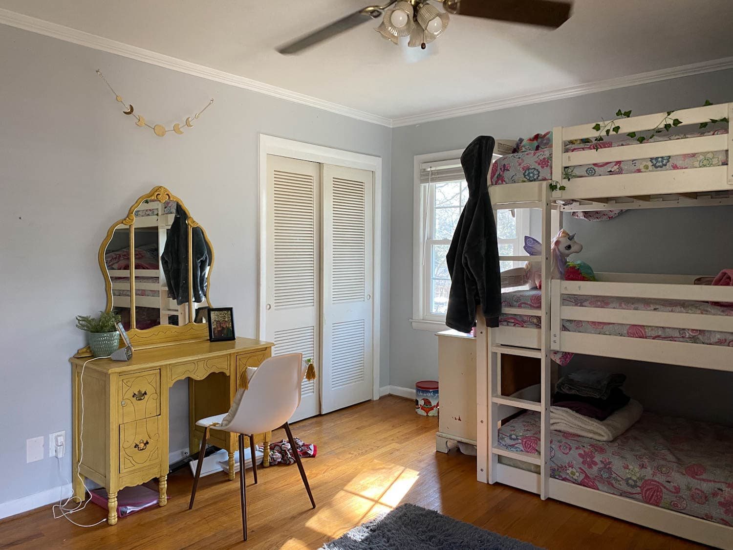 shared teenage bedroom before with 3 bunk bed