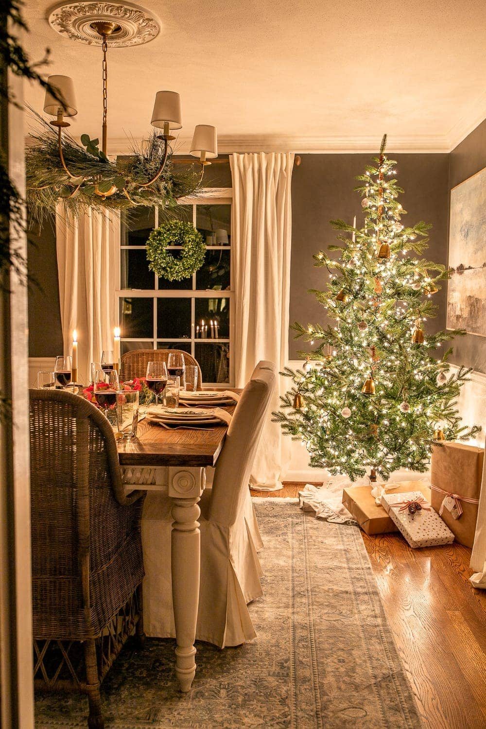 Dining room christmas tree at night