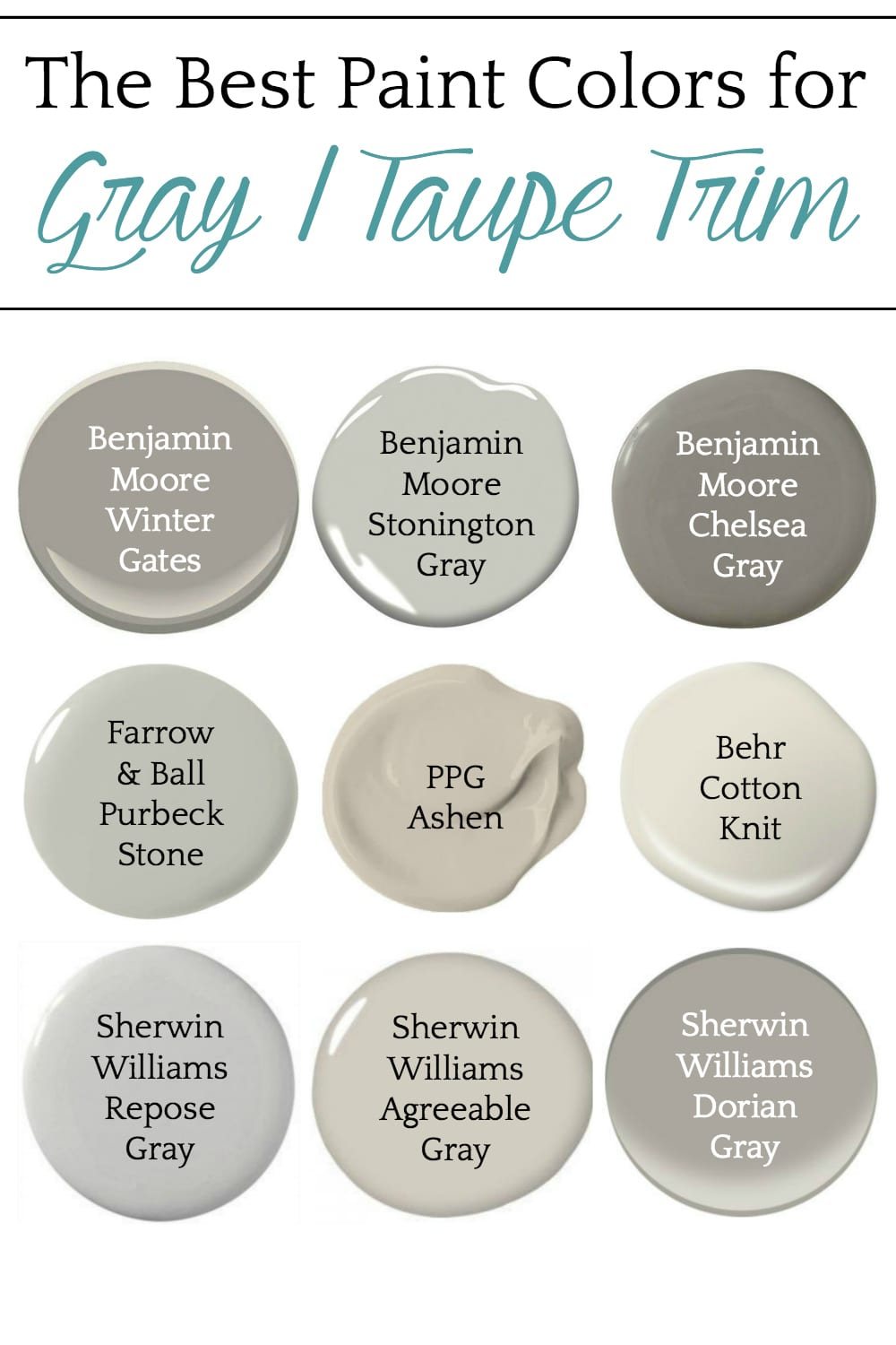 A round-up of taupe and gray trim paint inspirations for a modern-meets-classic look and the best paint colors to pull it off. #graytrim #taupetrim
