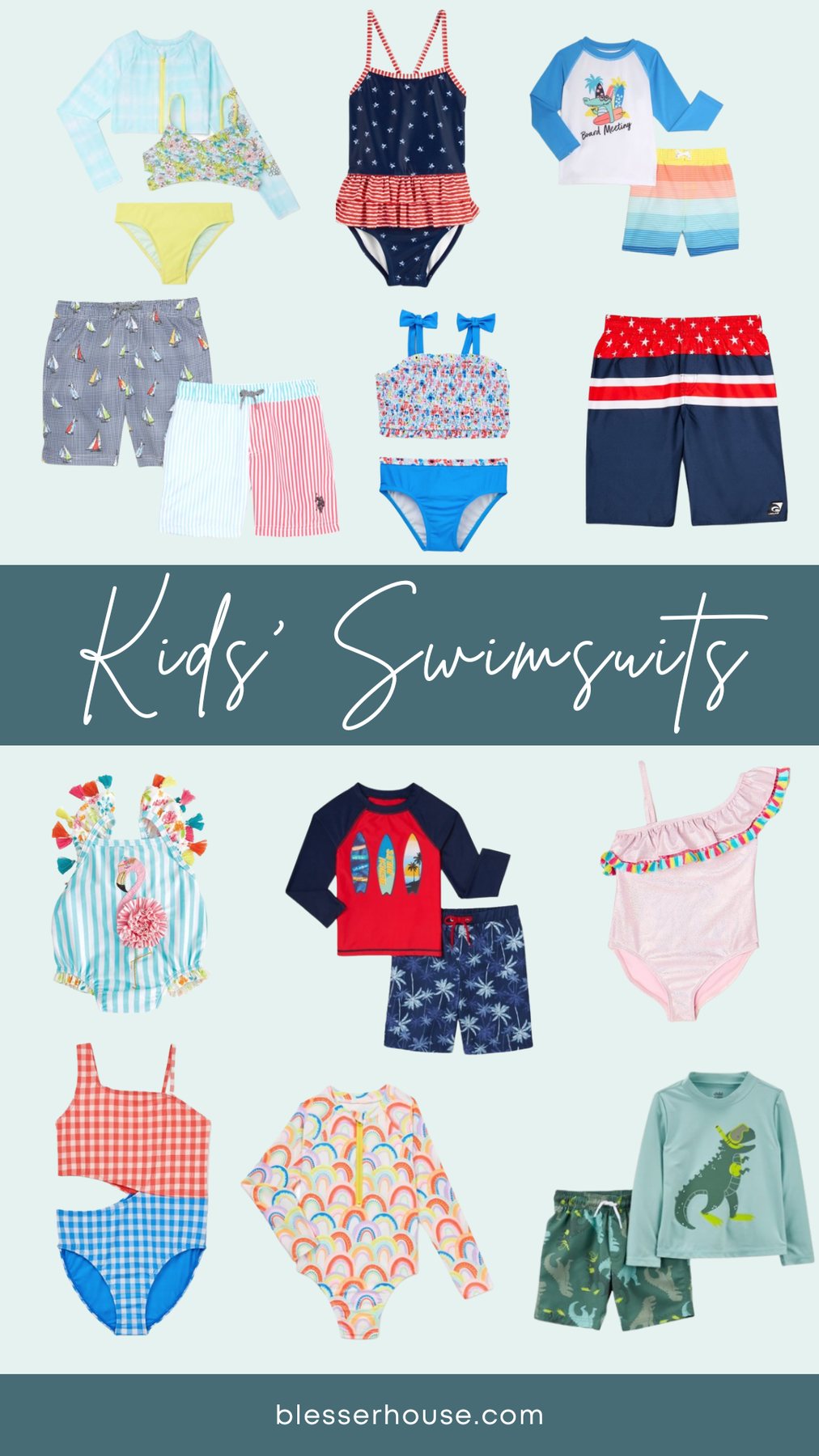 collage of Walmart swimsuits for girls and boys