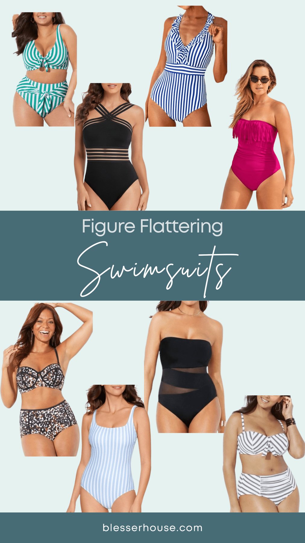 collage of figure flattering women's swimsuits