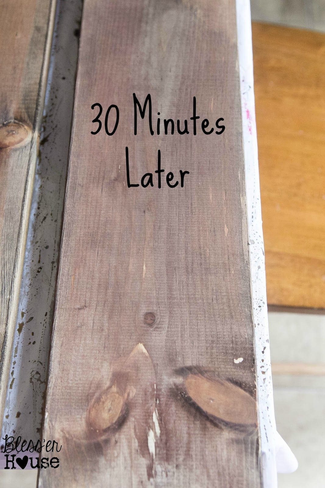 After 30 minutes, the steel wool and apple cider vinegar stain has deepened even more, now bringing out darker brown tones in the lumber.