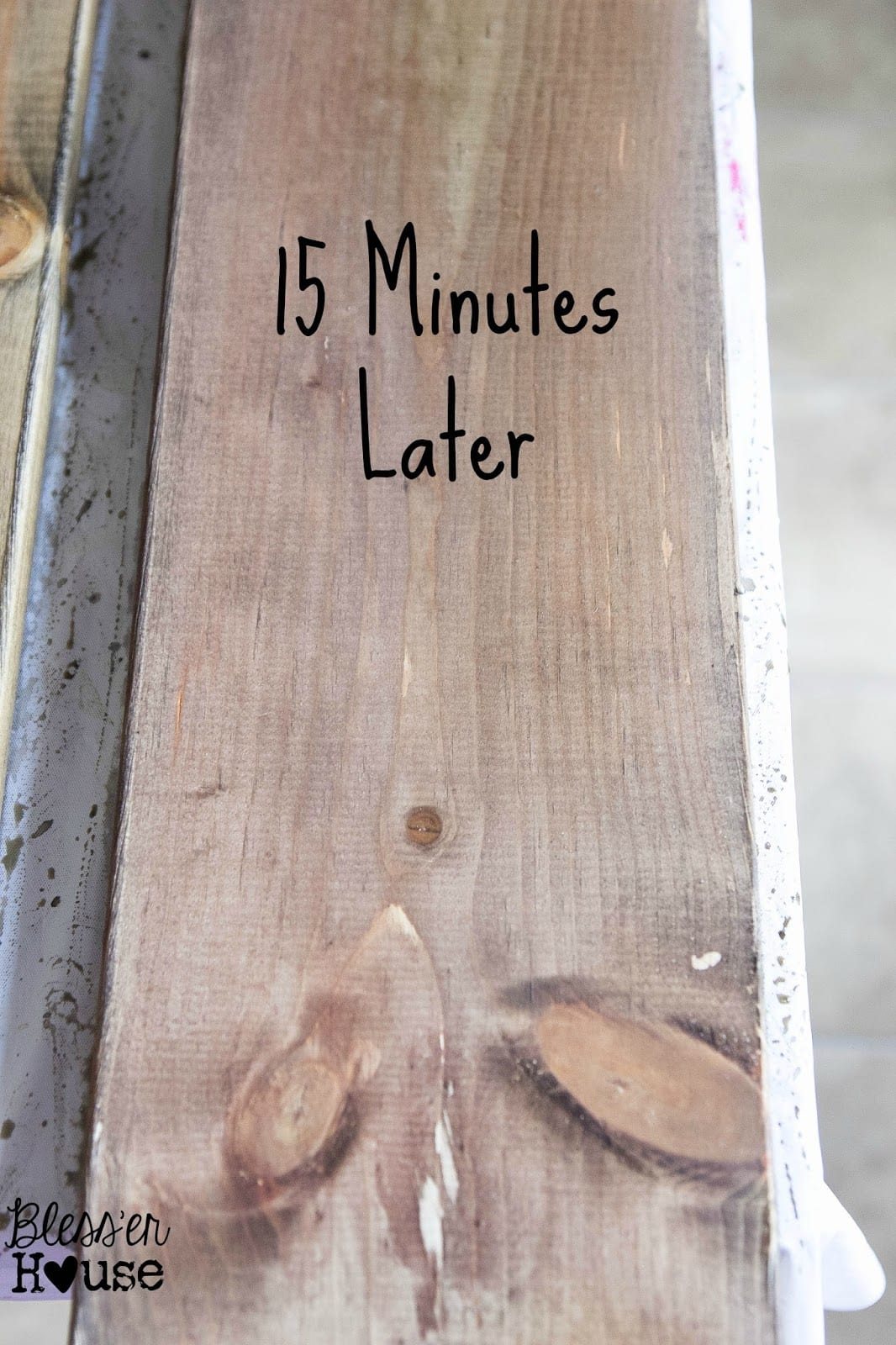 After 15 minutes, this all natural wood stain has deepened into an aged grey.