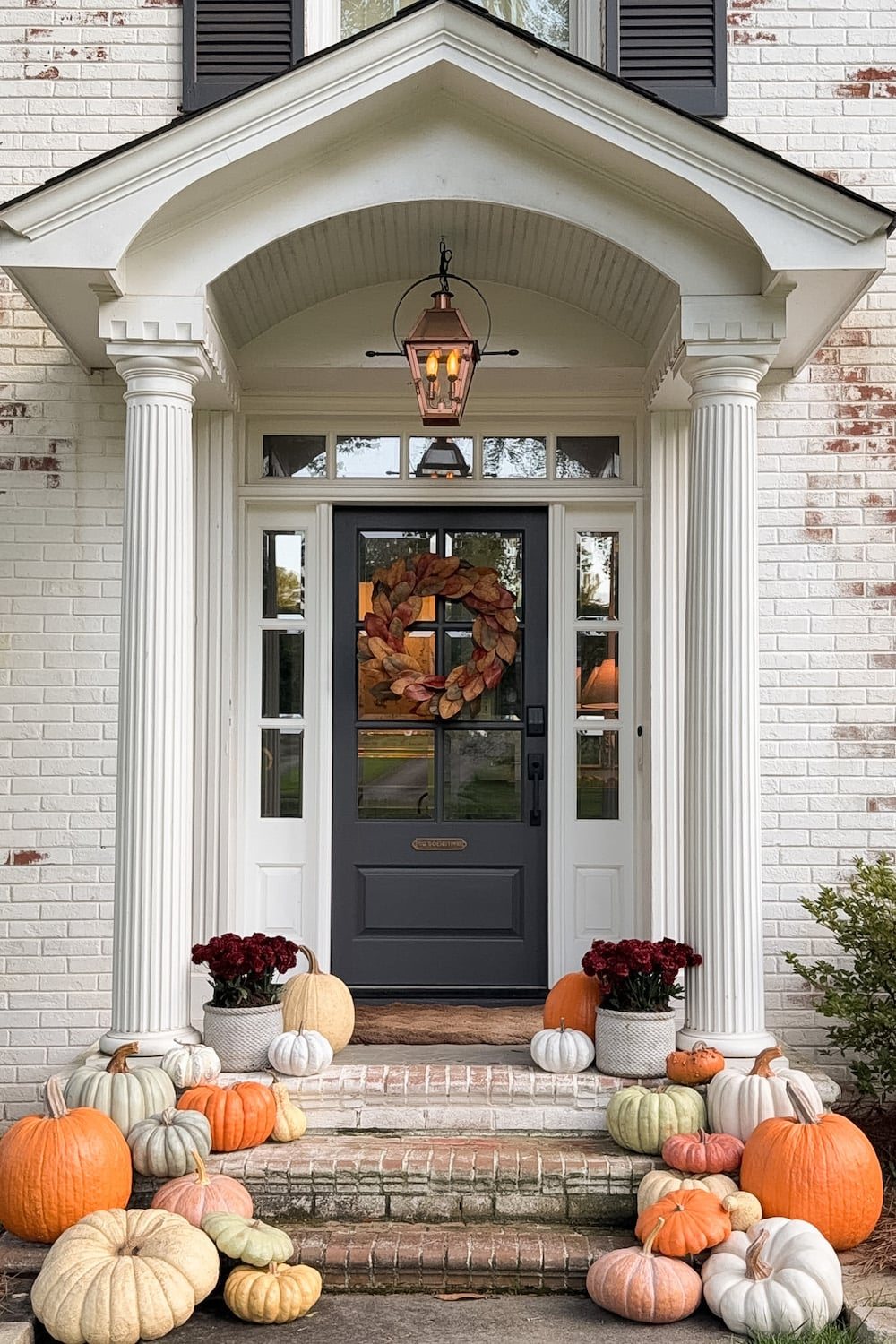 realistic fake pumpkins on limewashed brick porch steps