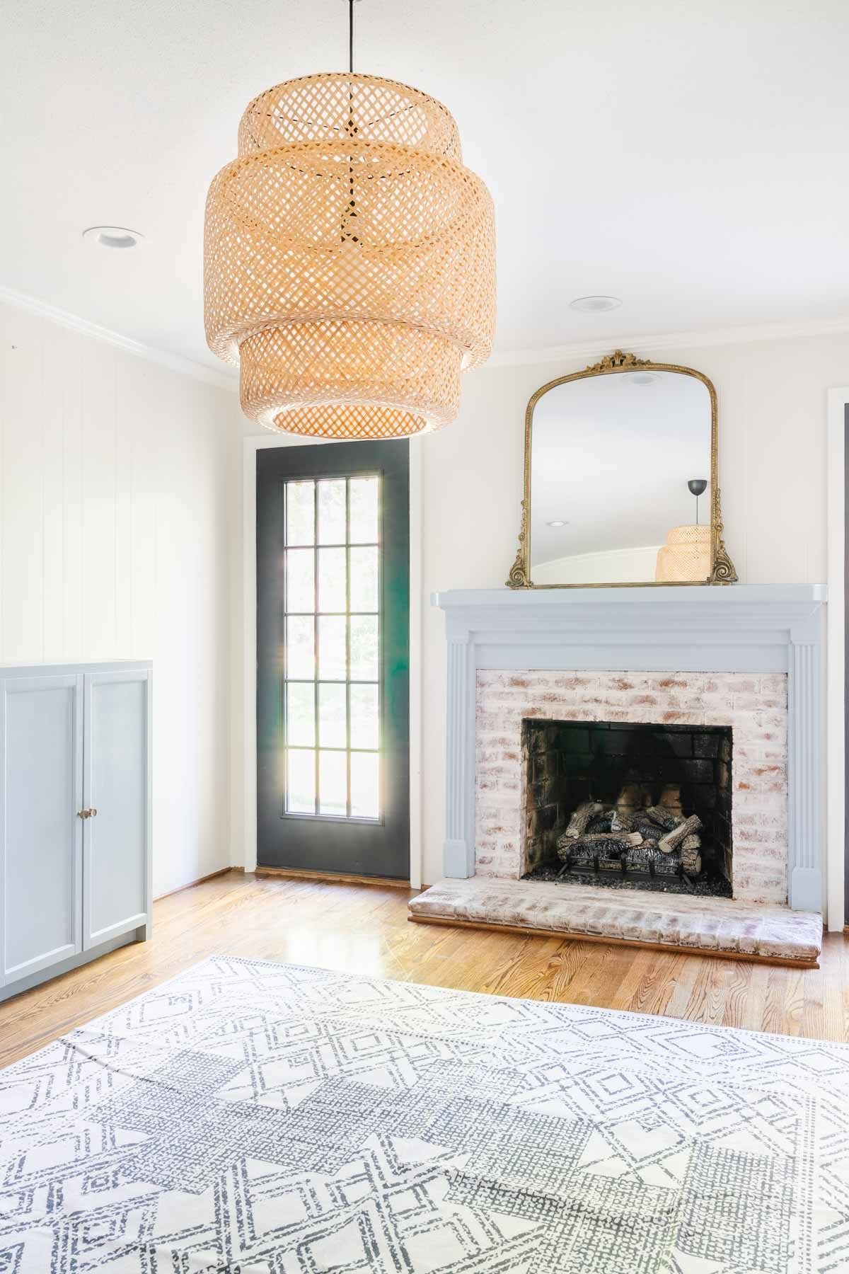 limewashed fireplace in a playroom