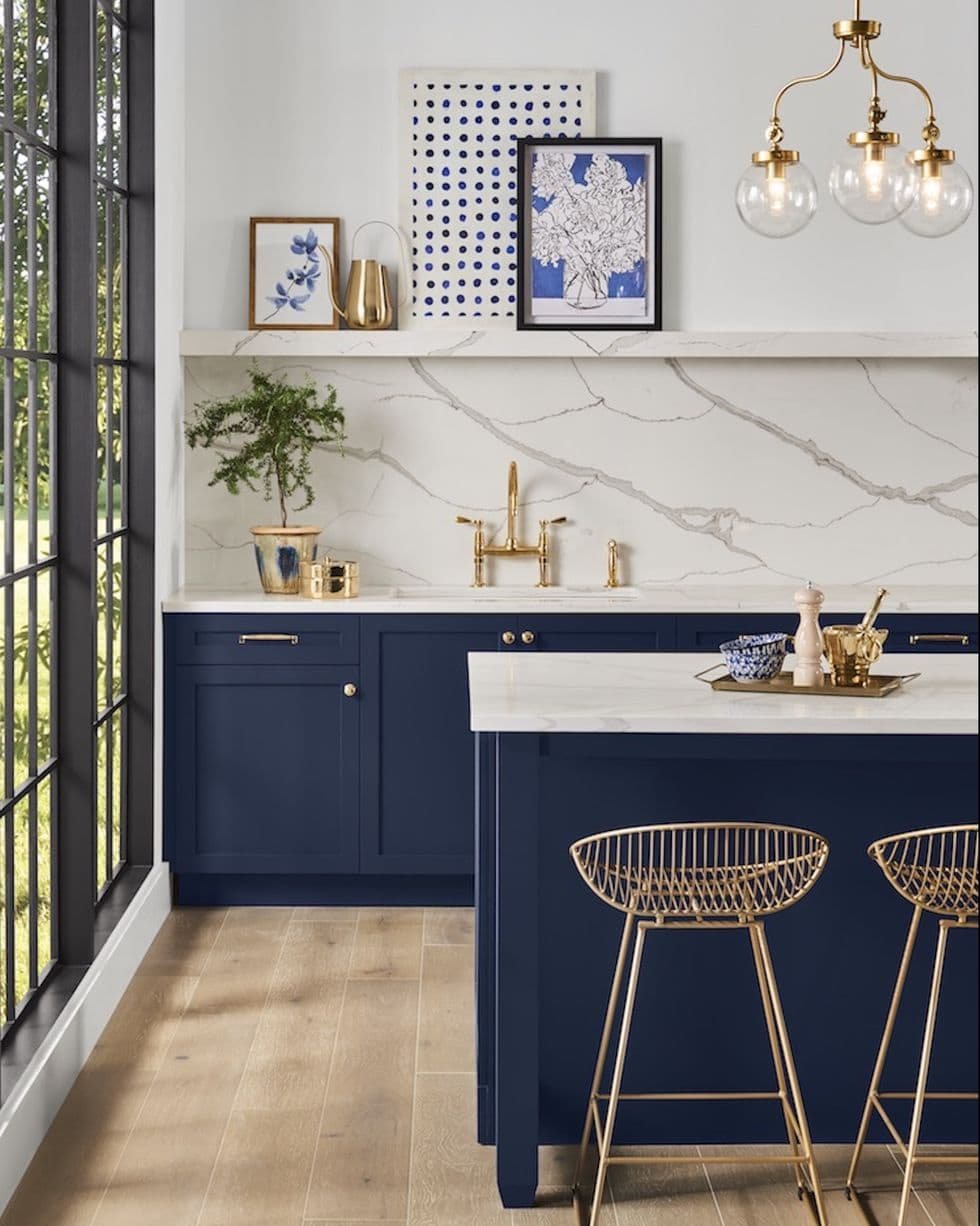 Sherwin Williams Naval - navy blue paint on kitchen cabinets