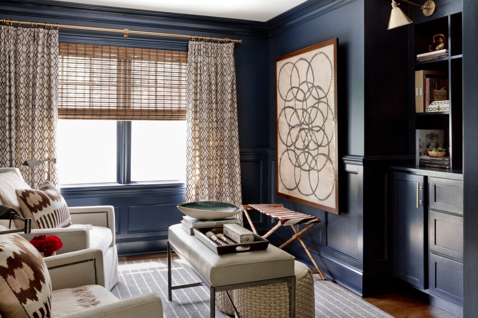 Benjamin Moore Polo Blue - Becca Interiors - dark blue paint in a study