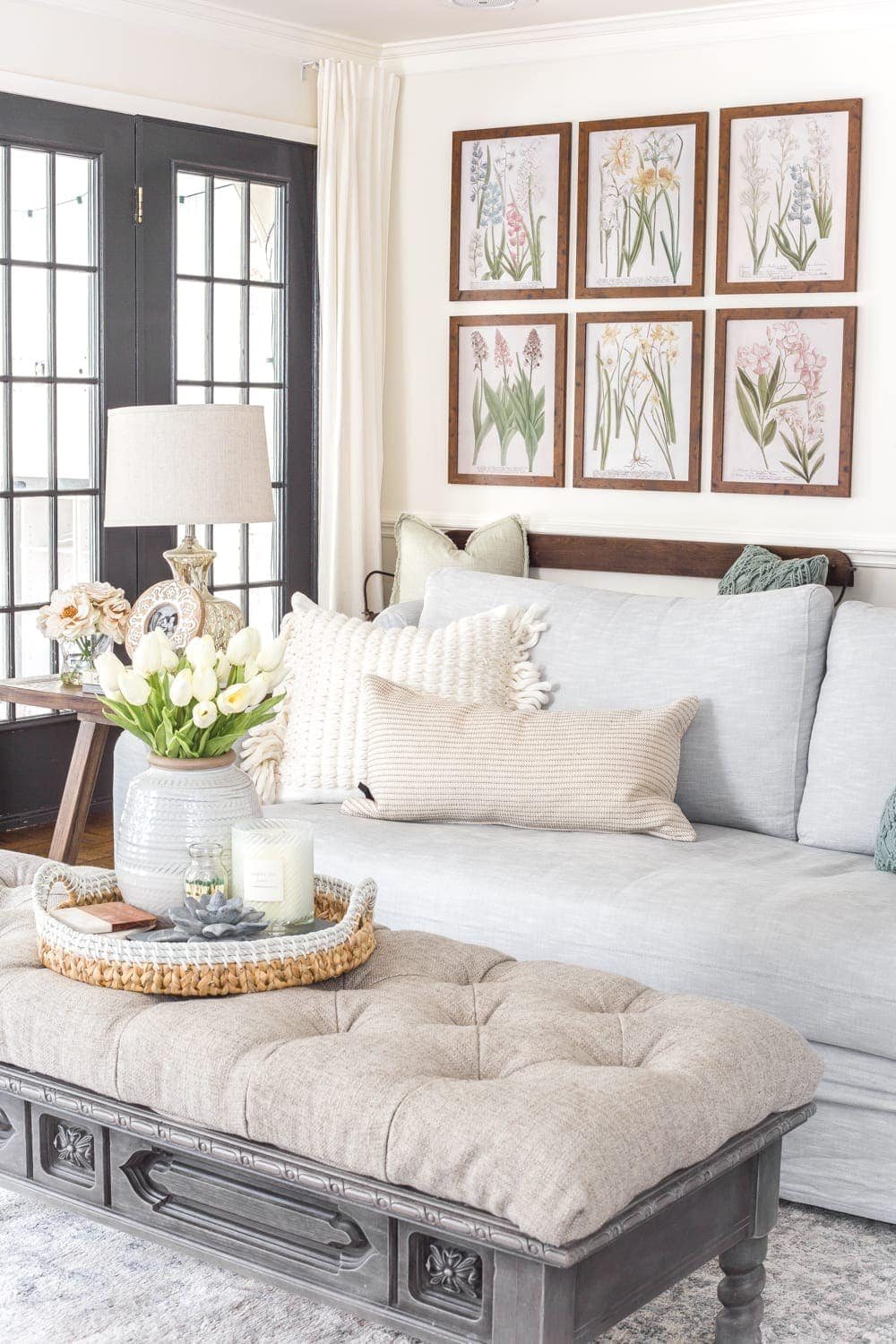 Simple Spring Home Tour | Neutral living room with artificial florals and small spring touches.
