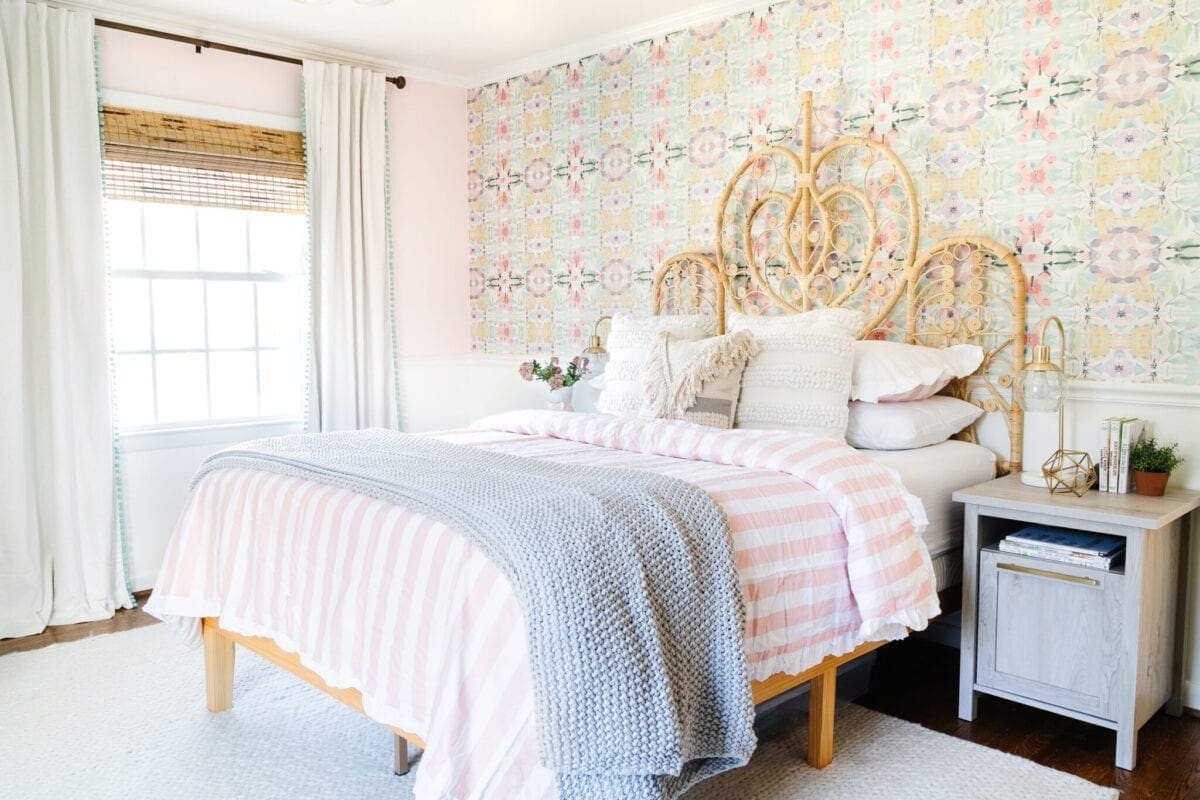 A little girl bedroom gets a big girl update using a few boho furniture swaps, DIY geology art, and glam accents.