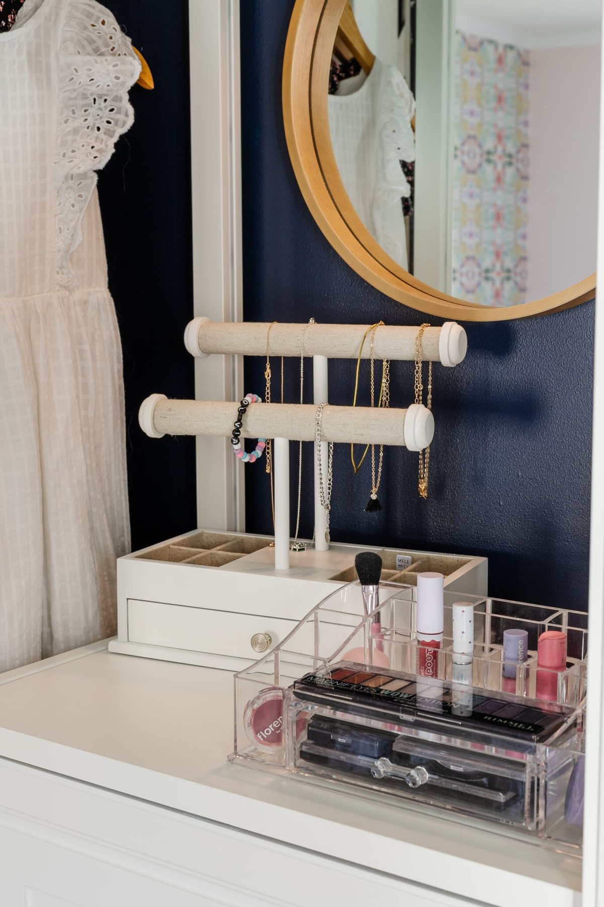 jewelry and makeup organized in a closet