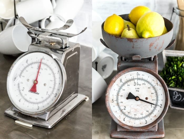 Faux Rusted Vintage Scale Makeover | unigumushane.com - How to create a faux rust finish with paint on a steel kitchen scale.