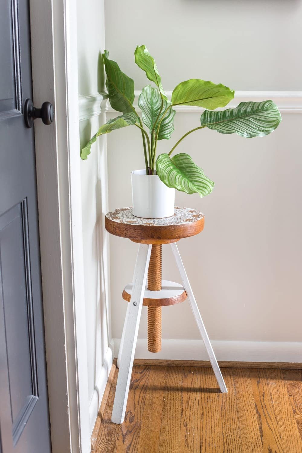 A global designer-inspired DIY plant stand made from a thrifted piano stool using just spray paint and a doily for a quick and easy makeover. #plantstand #pianostool #globaldecor #spraypaint #thriftstoreflips #thrifting #diyhomedecor #thriftedhomedecor
