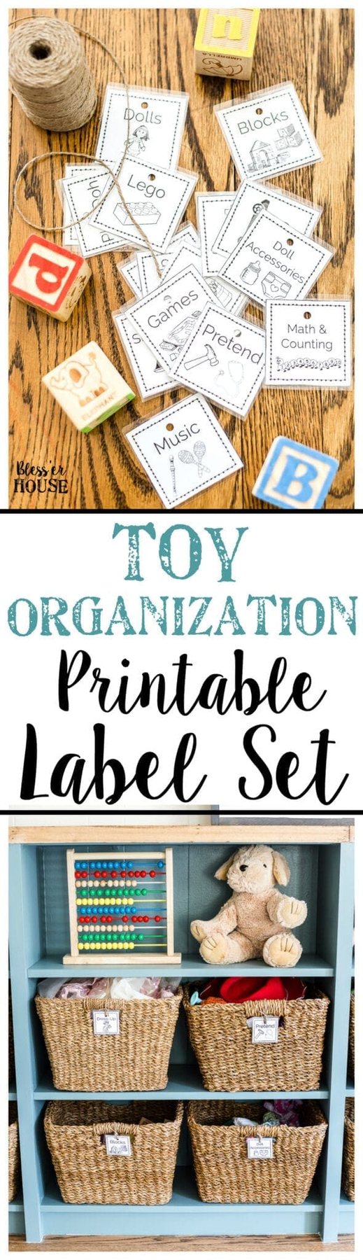 A free printable set of toy organization labels for bins with pictures and legible font to make clean up easier for pre-reading children. #playroom #toyorganization #organizing #toyorganizing #freeprintables #labels