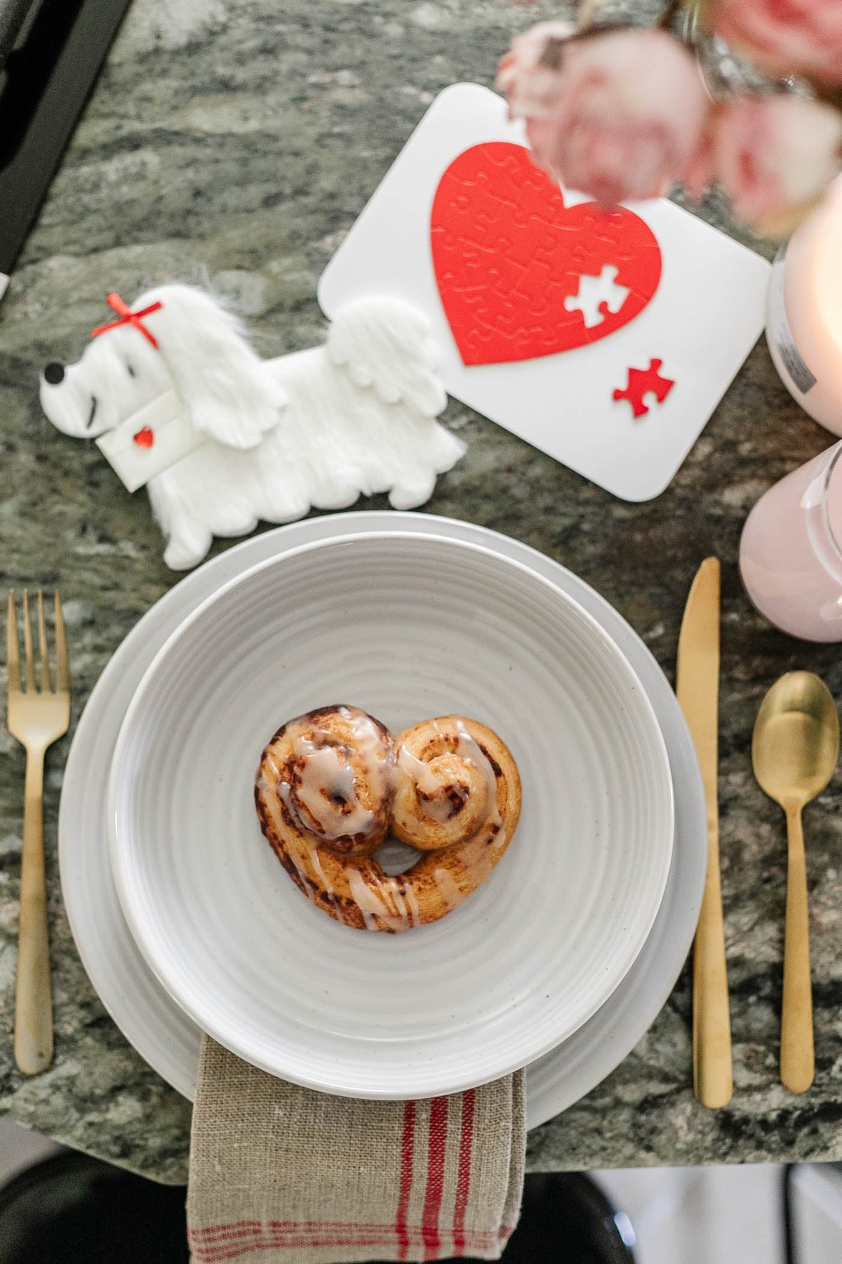 heart shaped cinnamon rolls - Valentine's Day breakfast idea with place setting