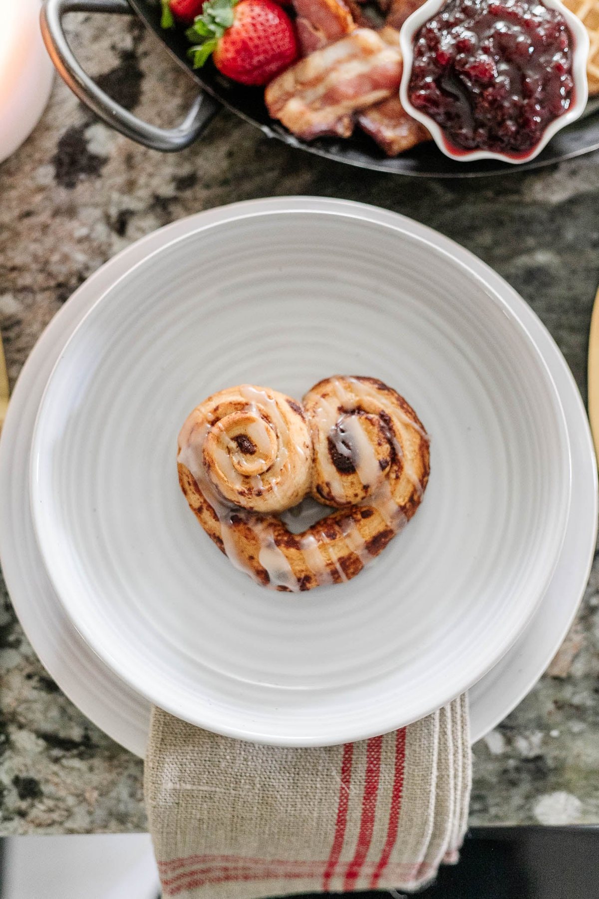 Valentine's Day breakfast heart shaped cinnamon rolls