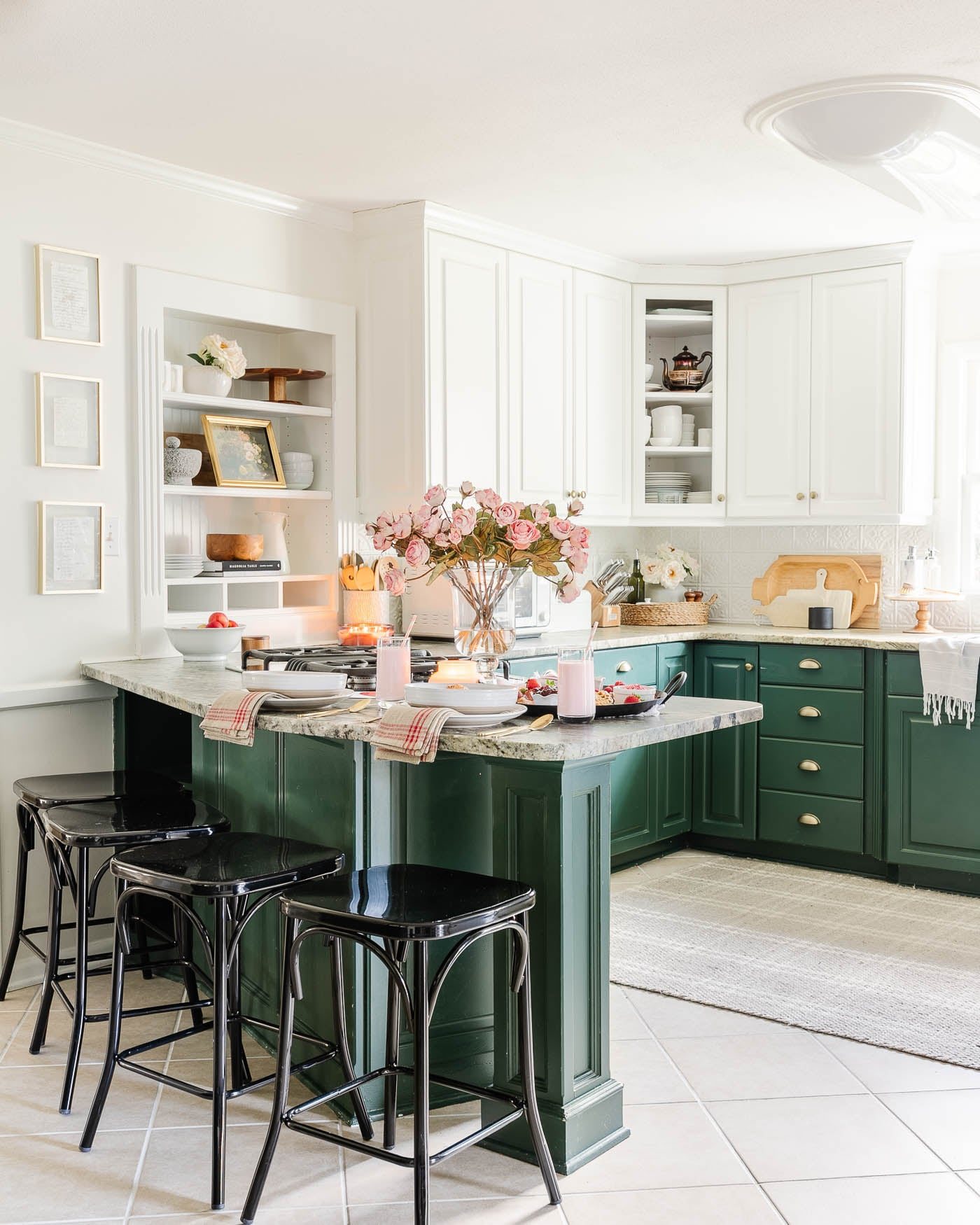 Valentine's Day decor in a kitchen with roses and candles