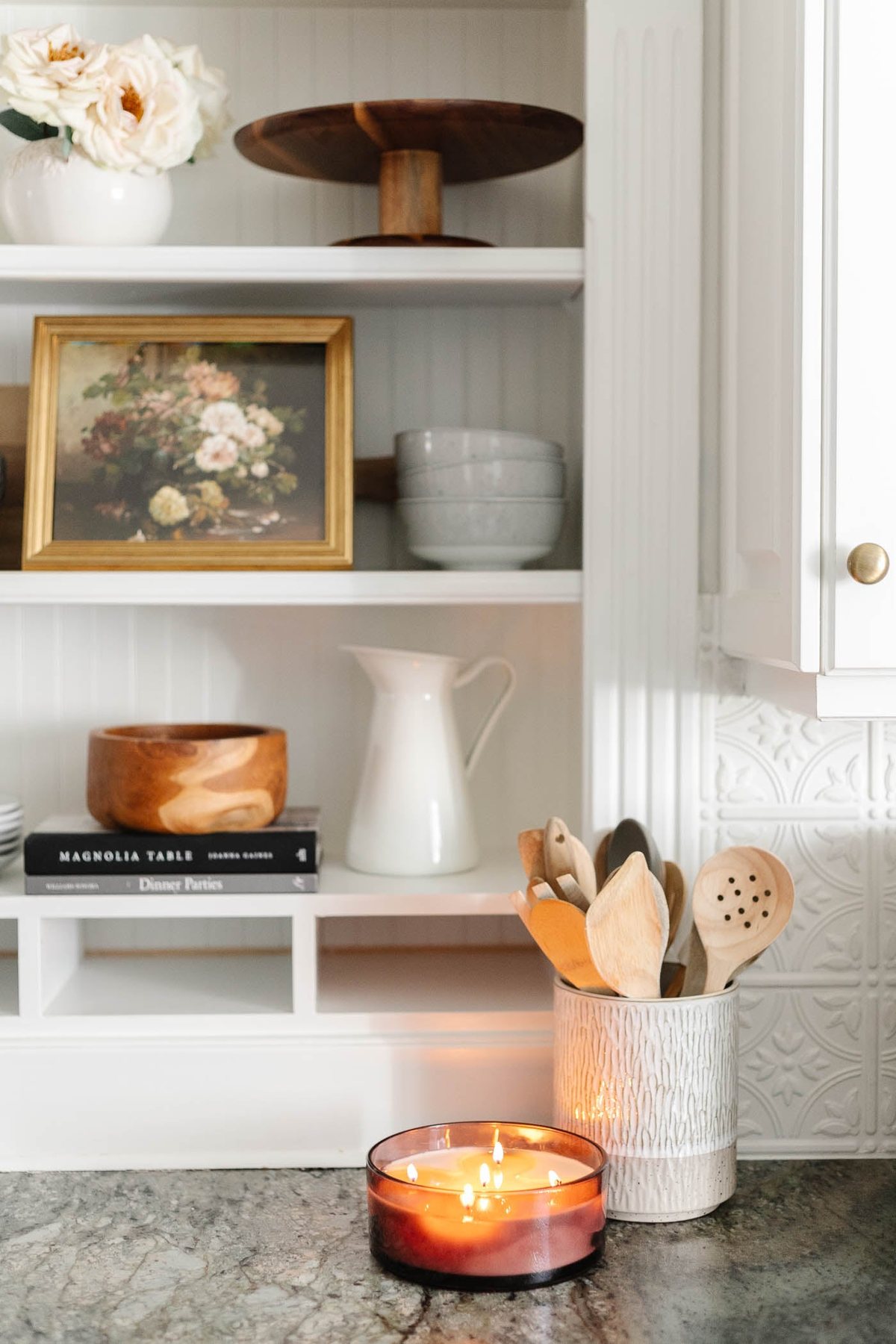 simple kitchen shelves with candle