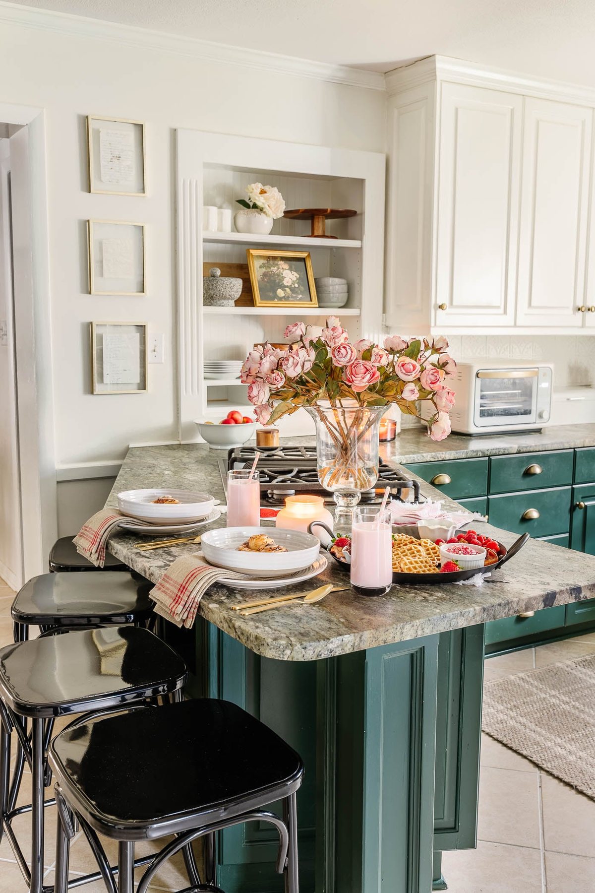 Valentine's Day breakfast spread on a kitchen bar