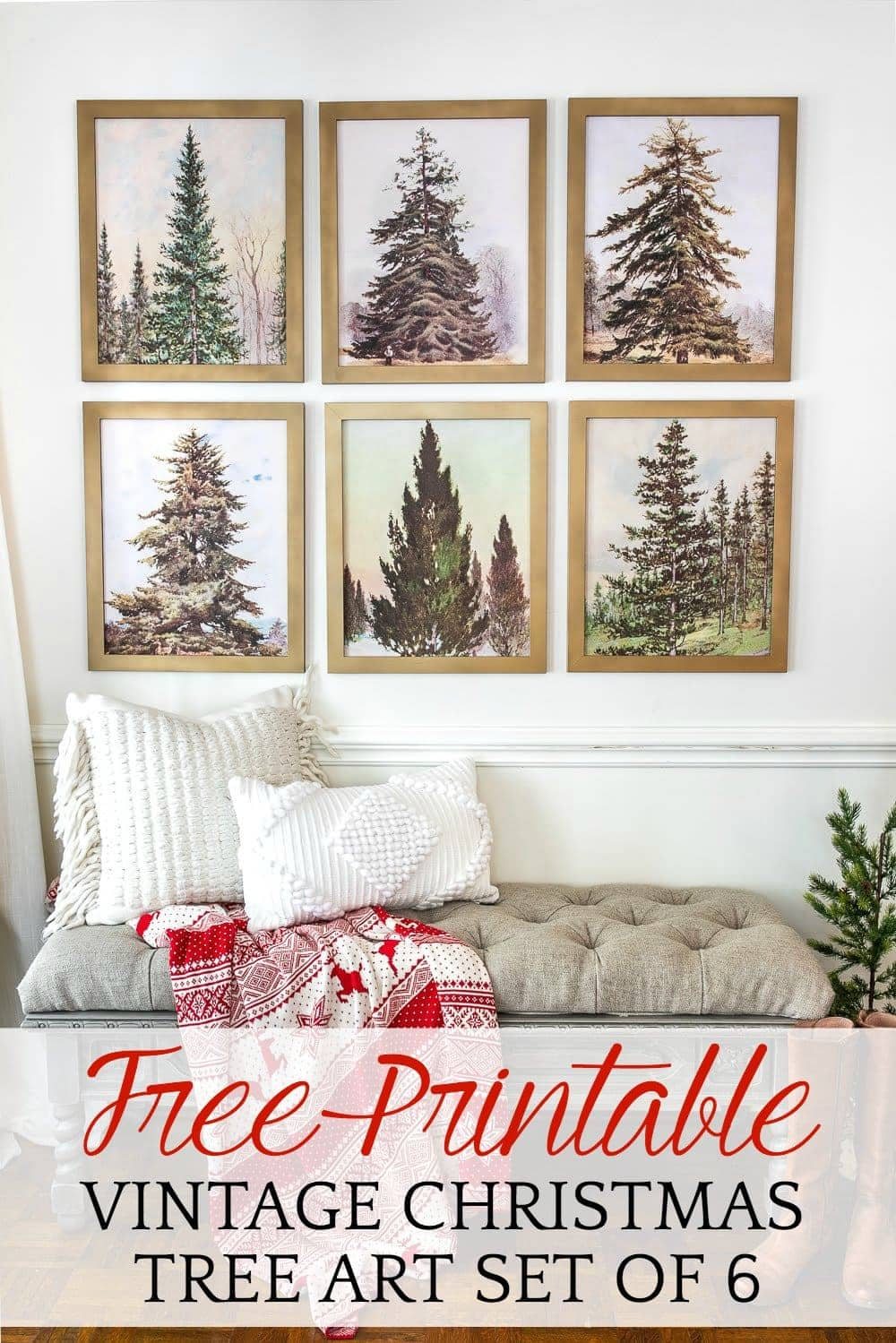 Free Printable Vintage Christmas Tree Art | A free Christmas printable art set of 6 featuring vintage Christmas trees that work in all types of decorating styles. #printableart #Christmasart